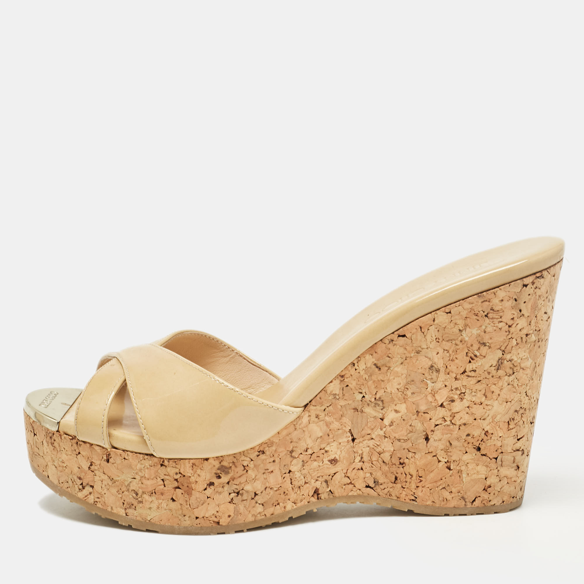 

Jimmy Choo Beige Patent Prima Wedge Sandals Size