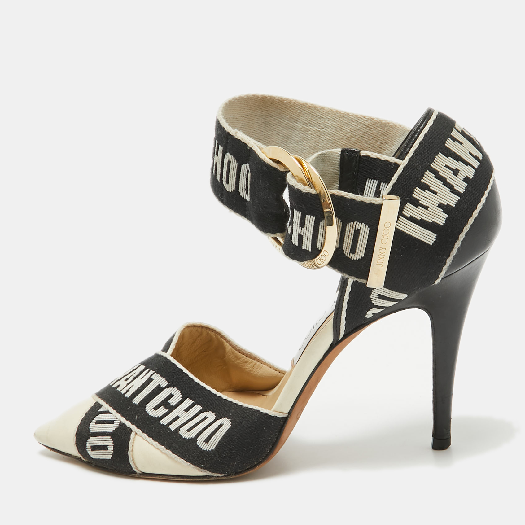 

Jimmy Choo White/Black Leather and Canvas Buckle Pumps Size