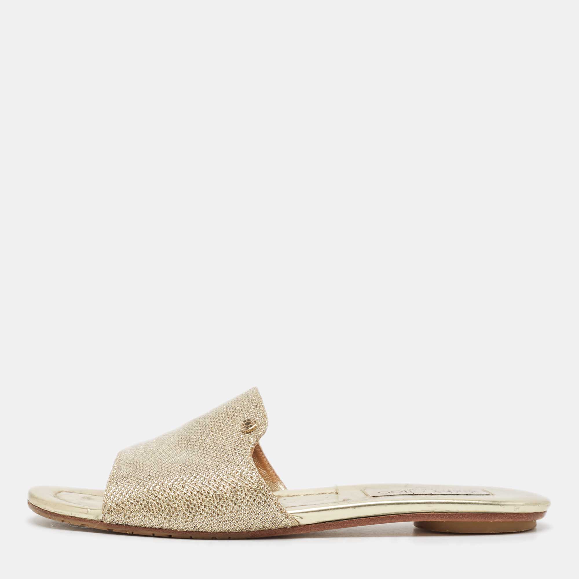 

Jimmy Choo Gold Lurex Fabric Nanda Flat Slides Size