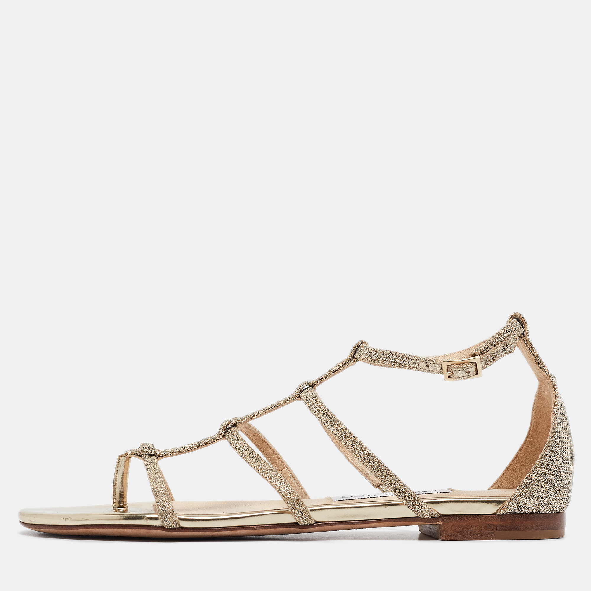 

Jimmy Choo Gold Glitter Strappy Flat Sandals Size