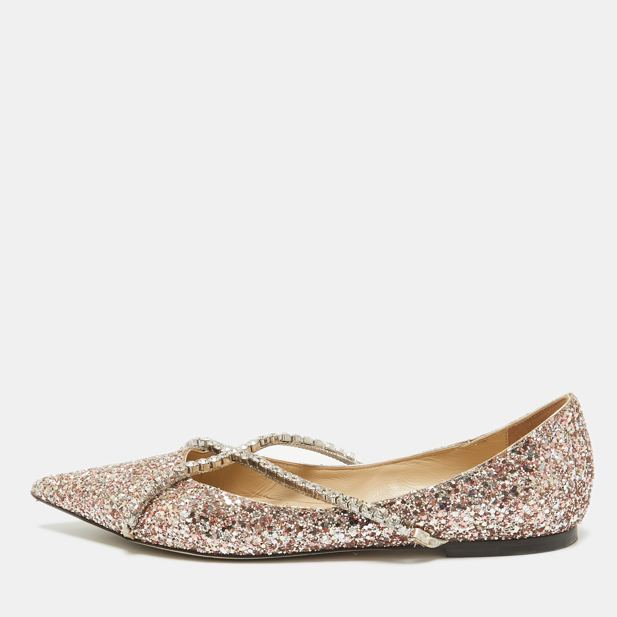 

Jimmy Choo Metallic Glitter Crystal Embellished Ballet Flats Size