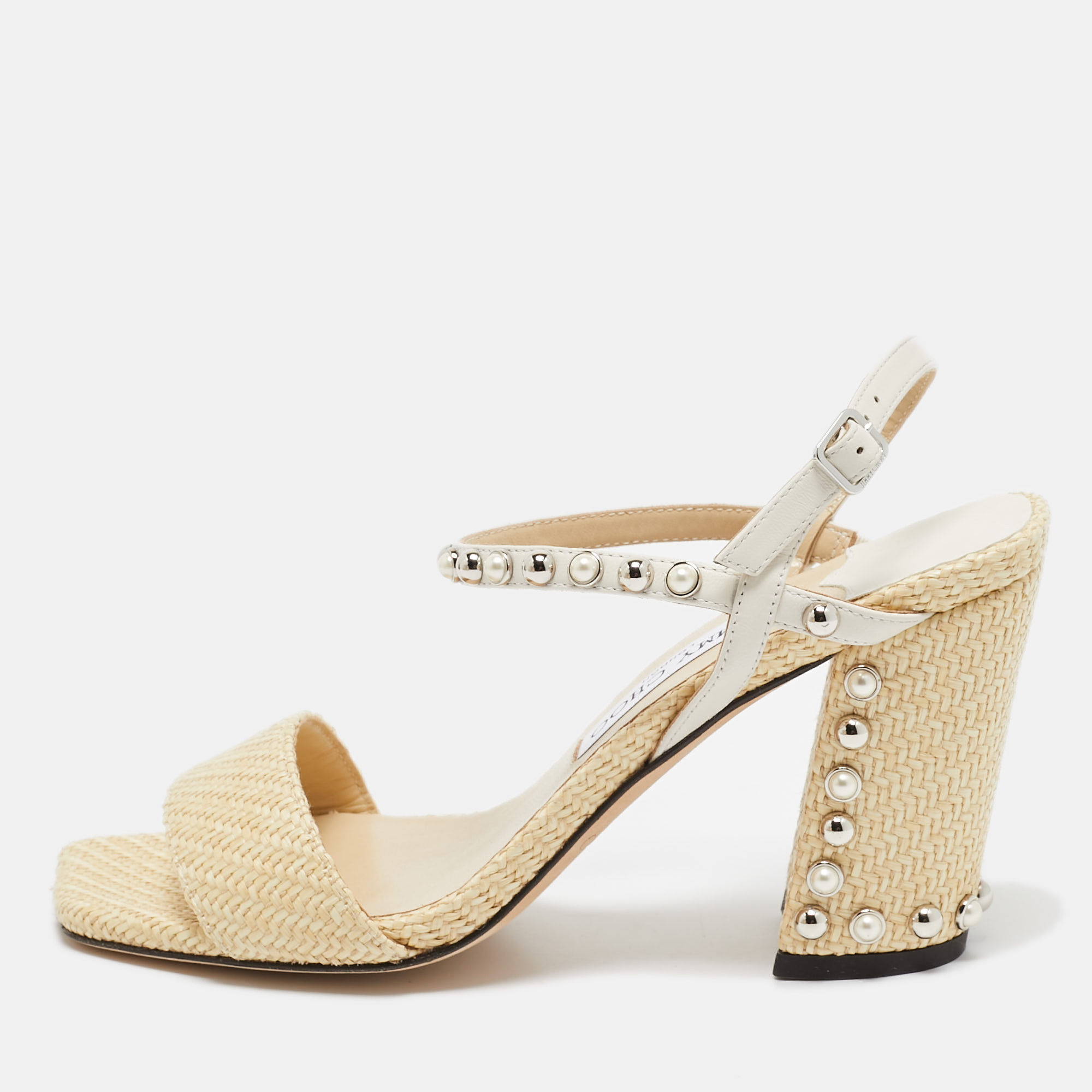 

Jimmy Choo Beige/Cream Raffia and Leather Aadra Sandals Size