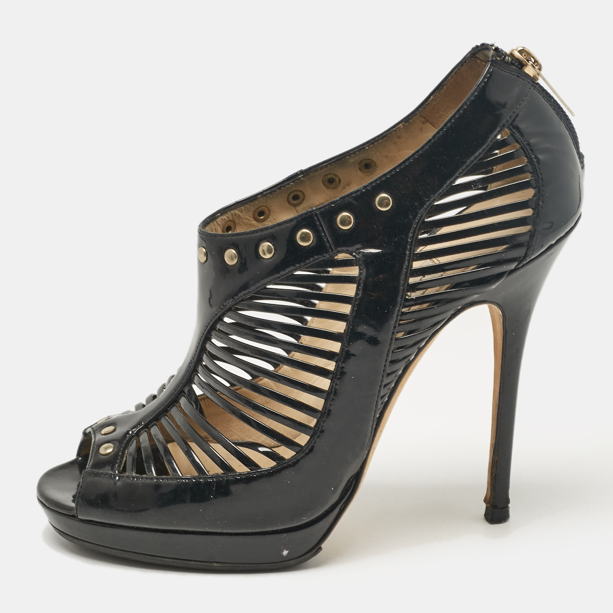 

Jimmy Choo Black Patent Leather Caged Platform Sandals Size