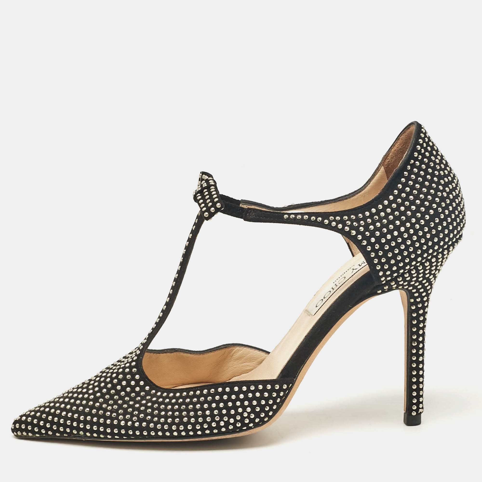 

Jimmy Choo Black Studded Suede Talan Bow Pumps Size