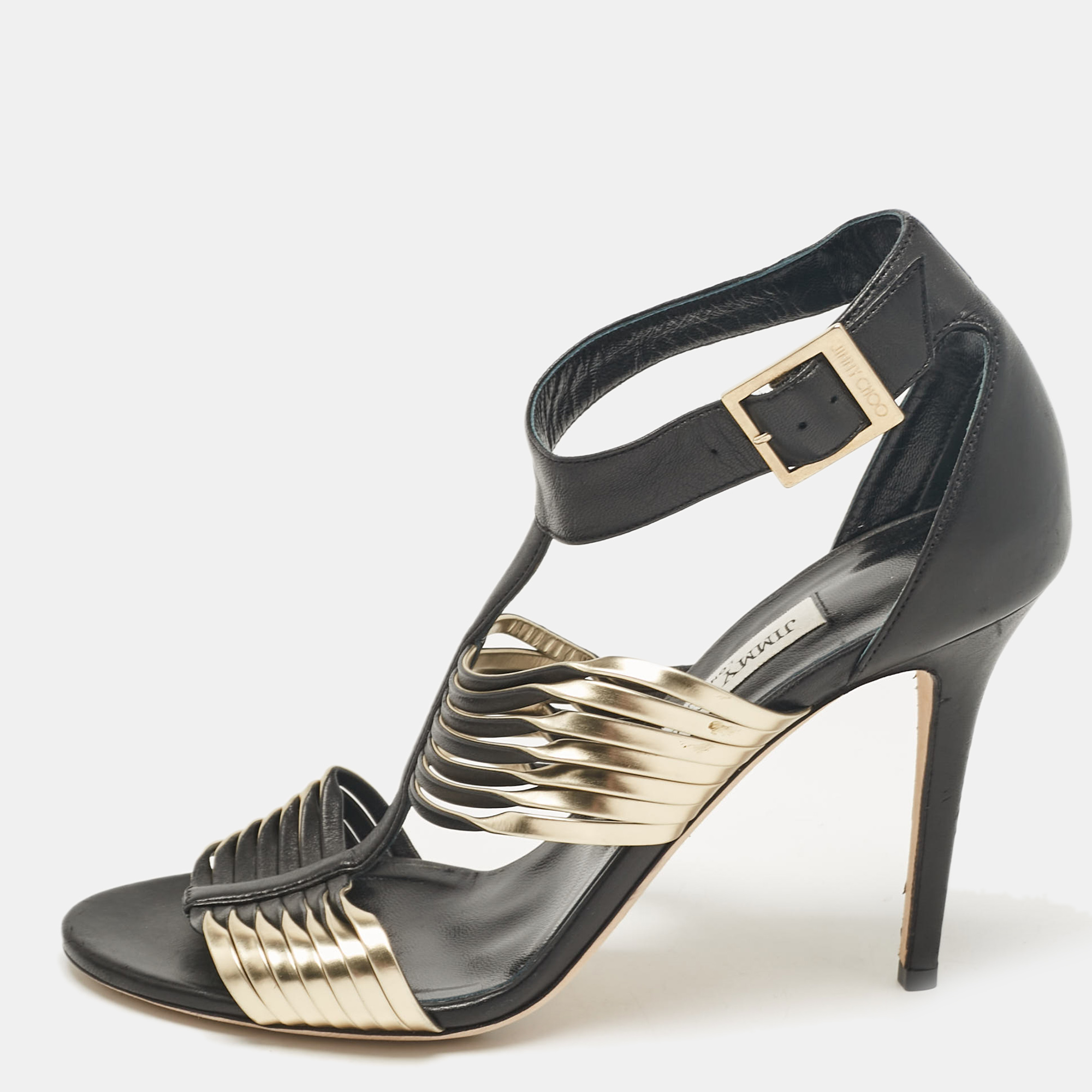 

Jimmy Choo Black/Gold Leather Ankle Strap Sandals Size