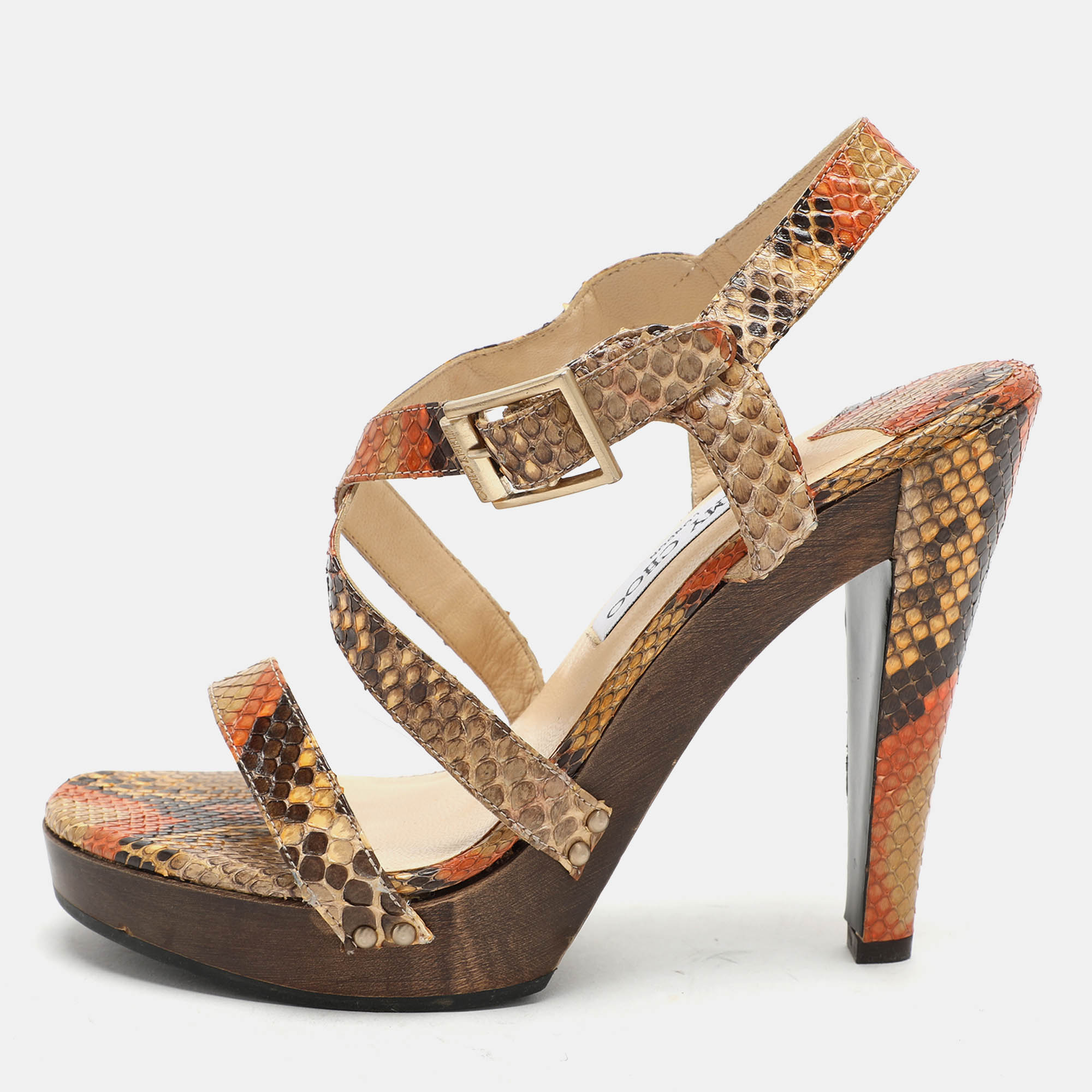 

Jimmy Choo Multicolor Python Ankle Strap Sandals Size