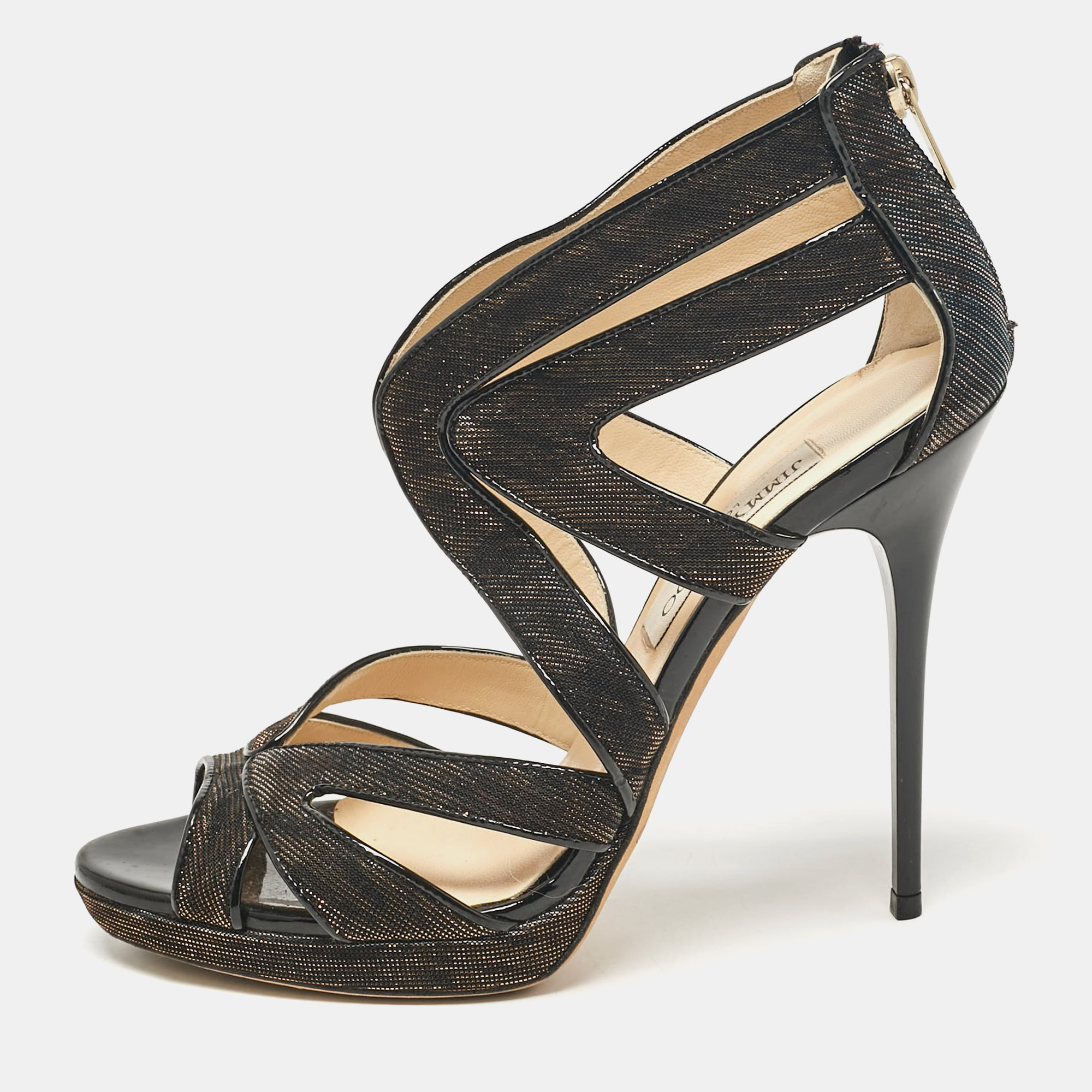 

Jimmy Choo Metallic Lurex Fabric Ankle Strap Sandals Size