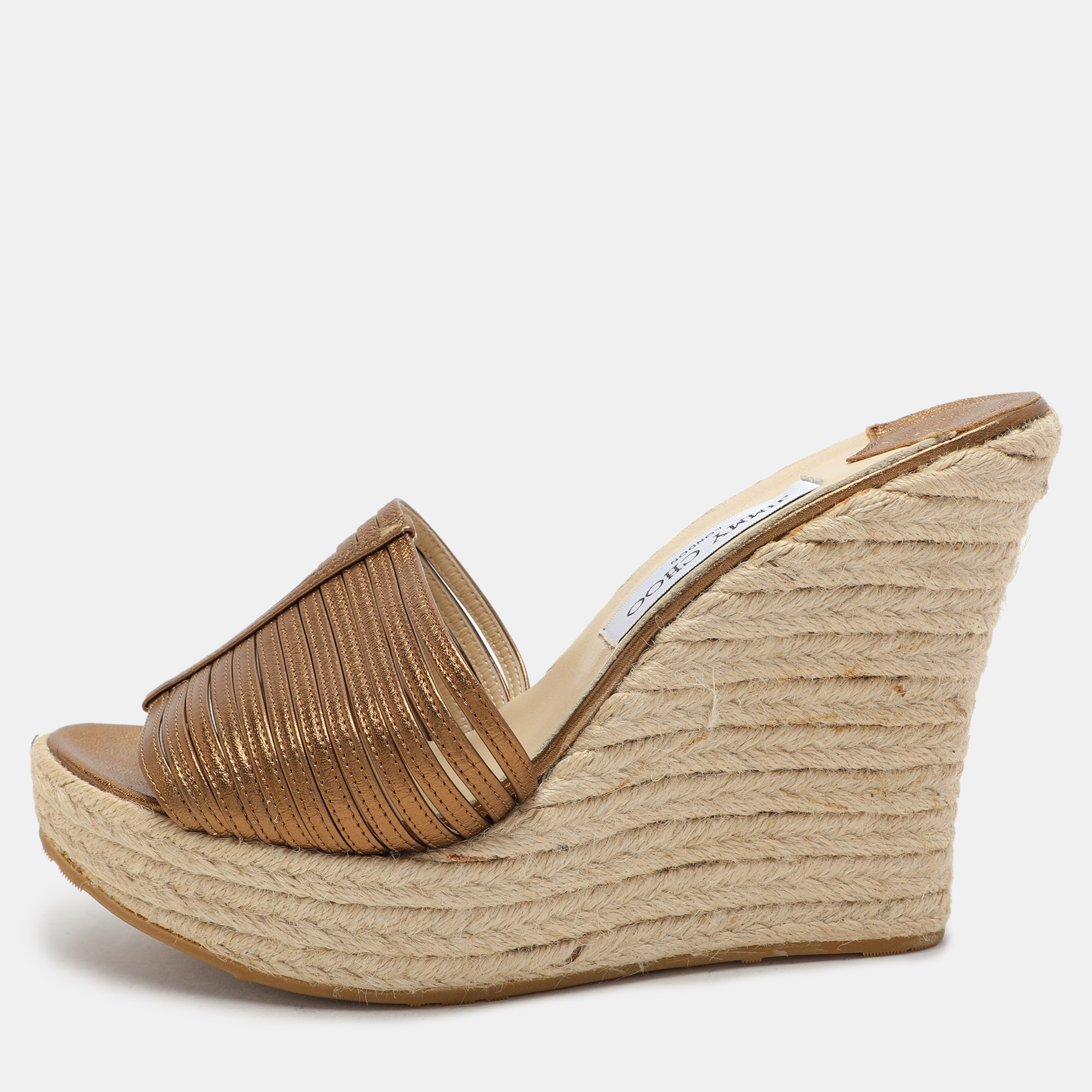 

Jimmy Choo Gold Leather Wedge Espadrille Silde Sandals Size