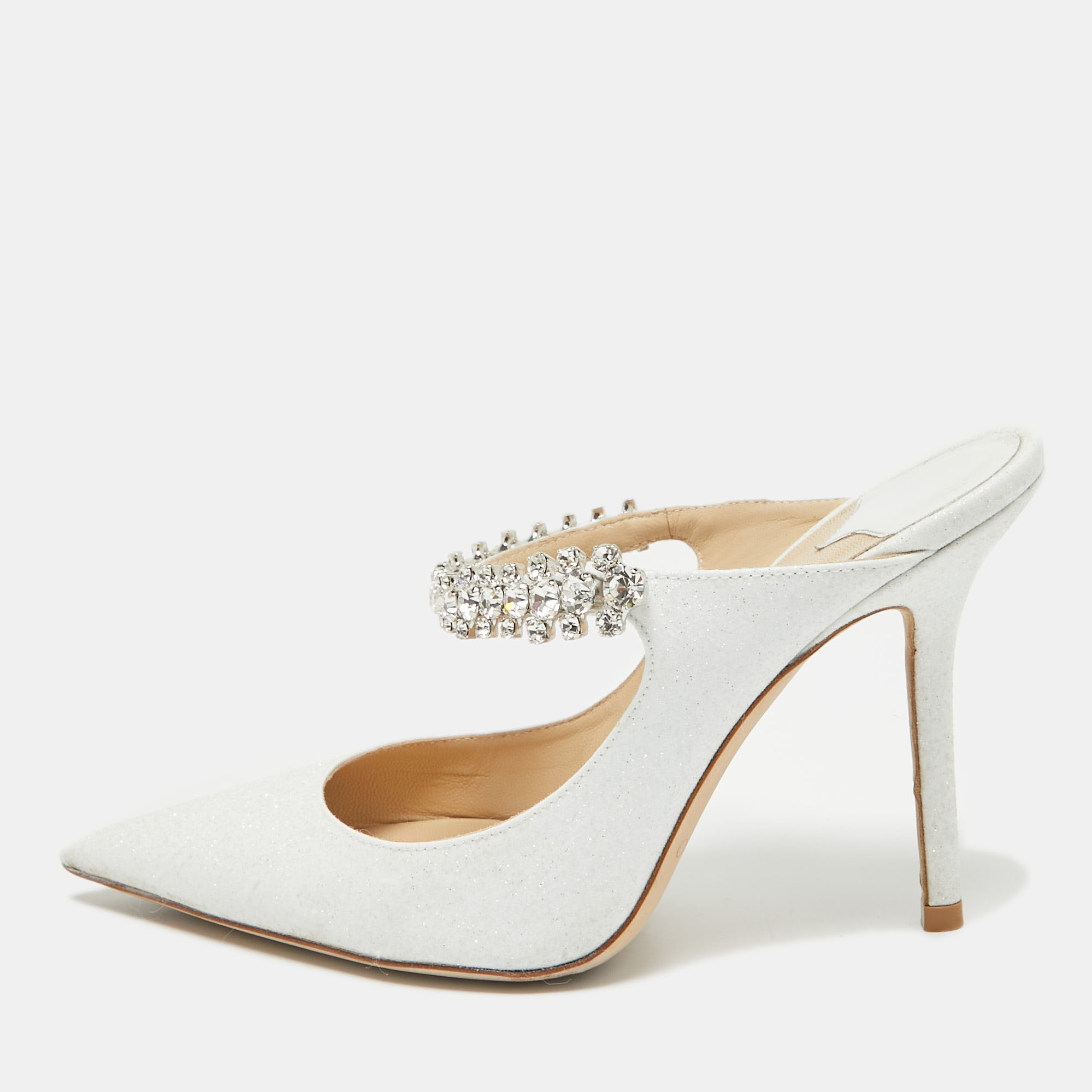 

Jimmy Choo White Glitter Bing Mules Size