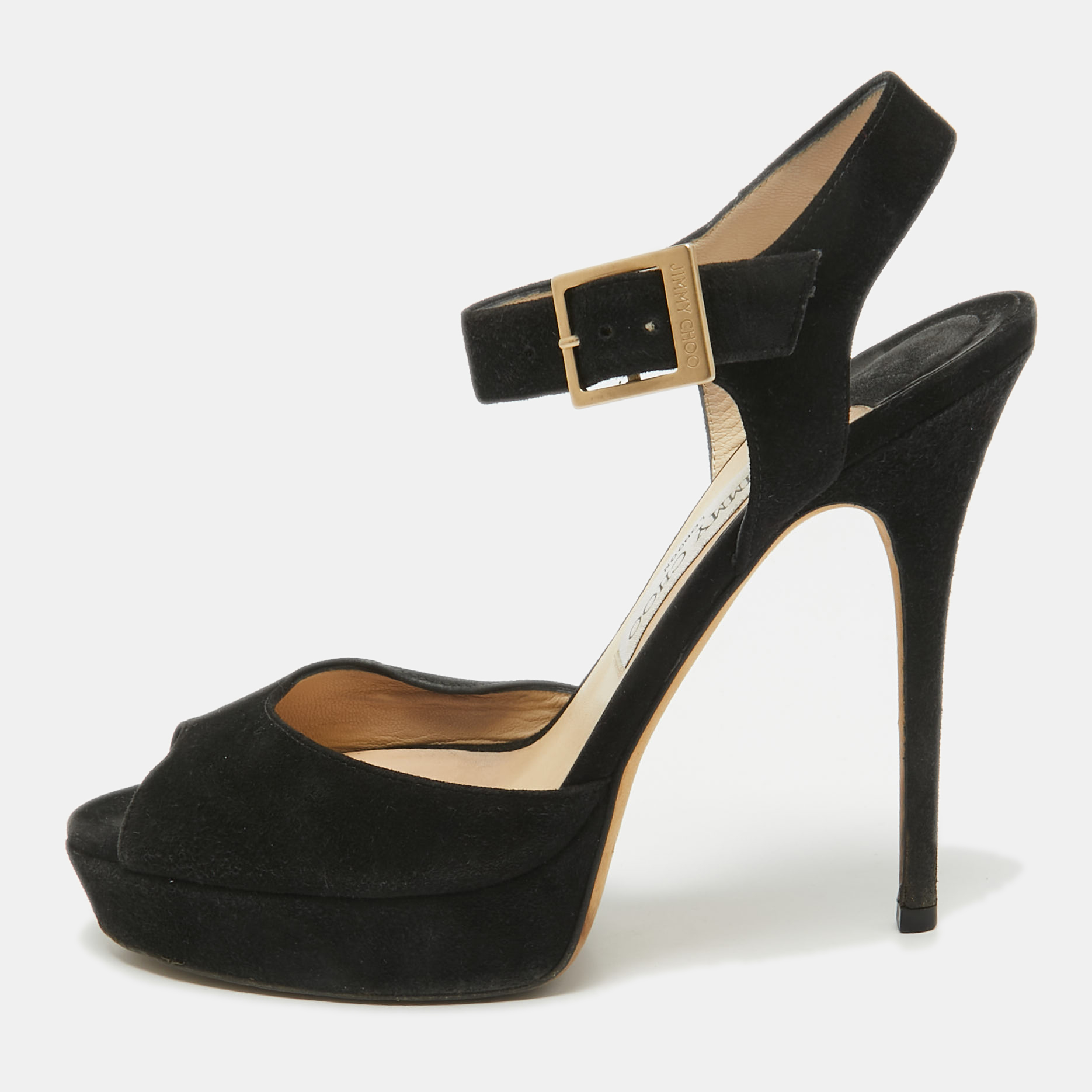 

Jimmy Choo Black Suede Platform Ankle Strap Sandals Size