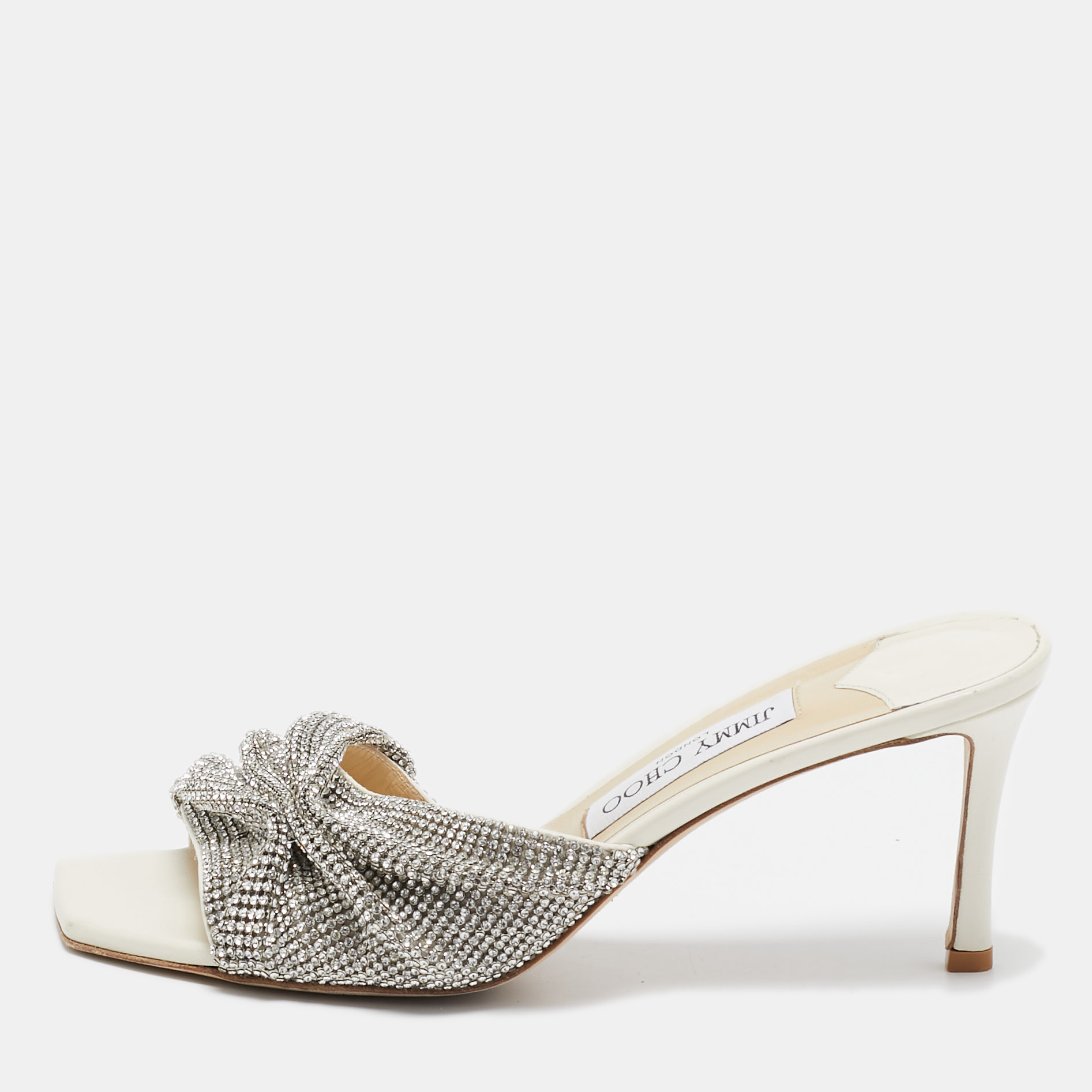 

Jimmy Choo White Crystal Embellished Leather Naria Slide Sandals Size