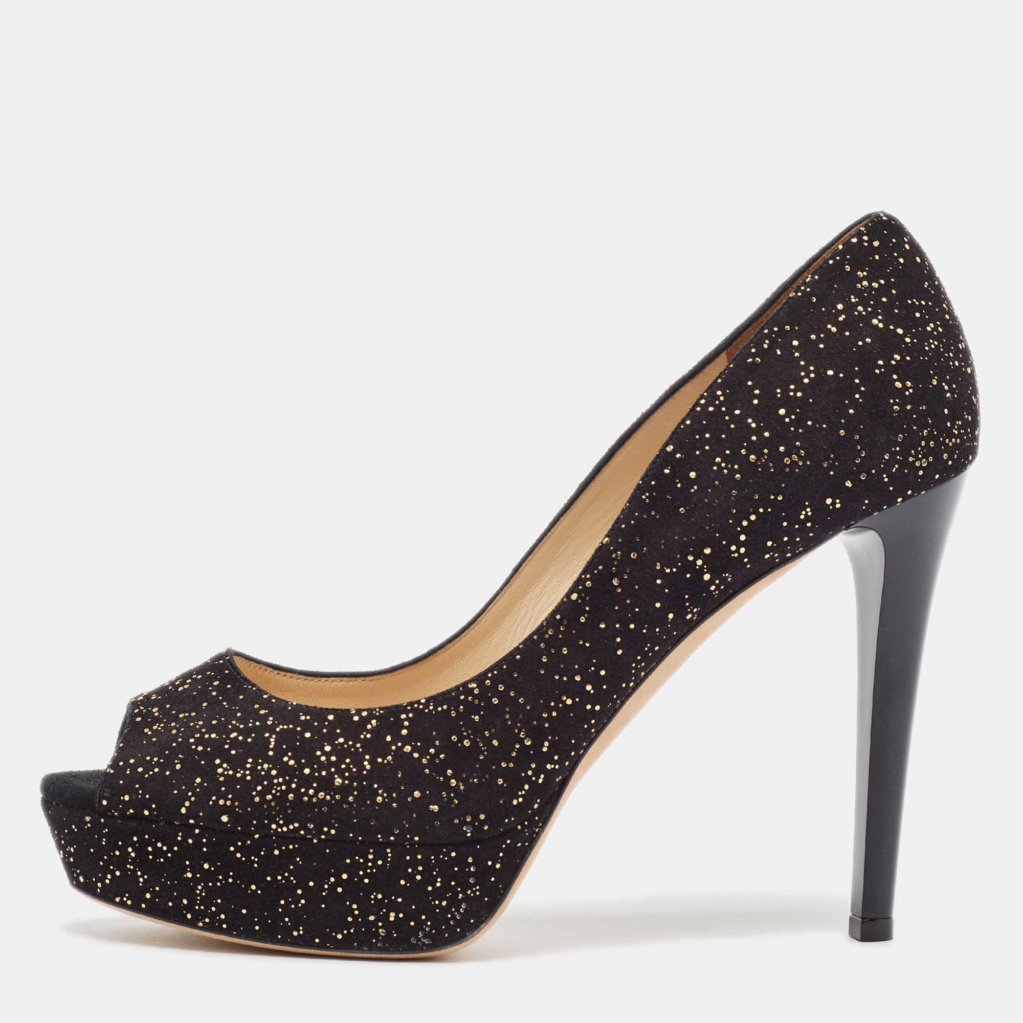 

Jimmy Choo Black Suede Dahlia Peep Toe Pumps Size