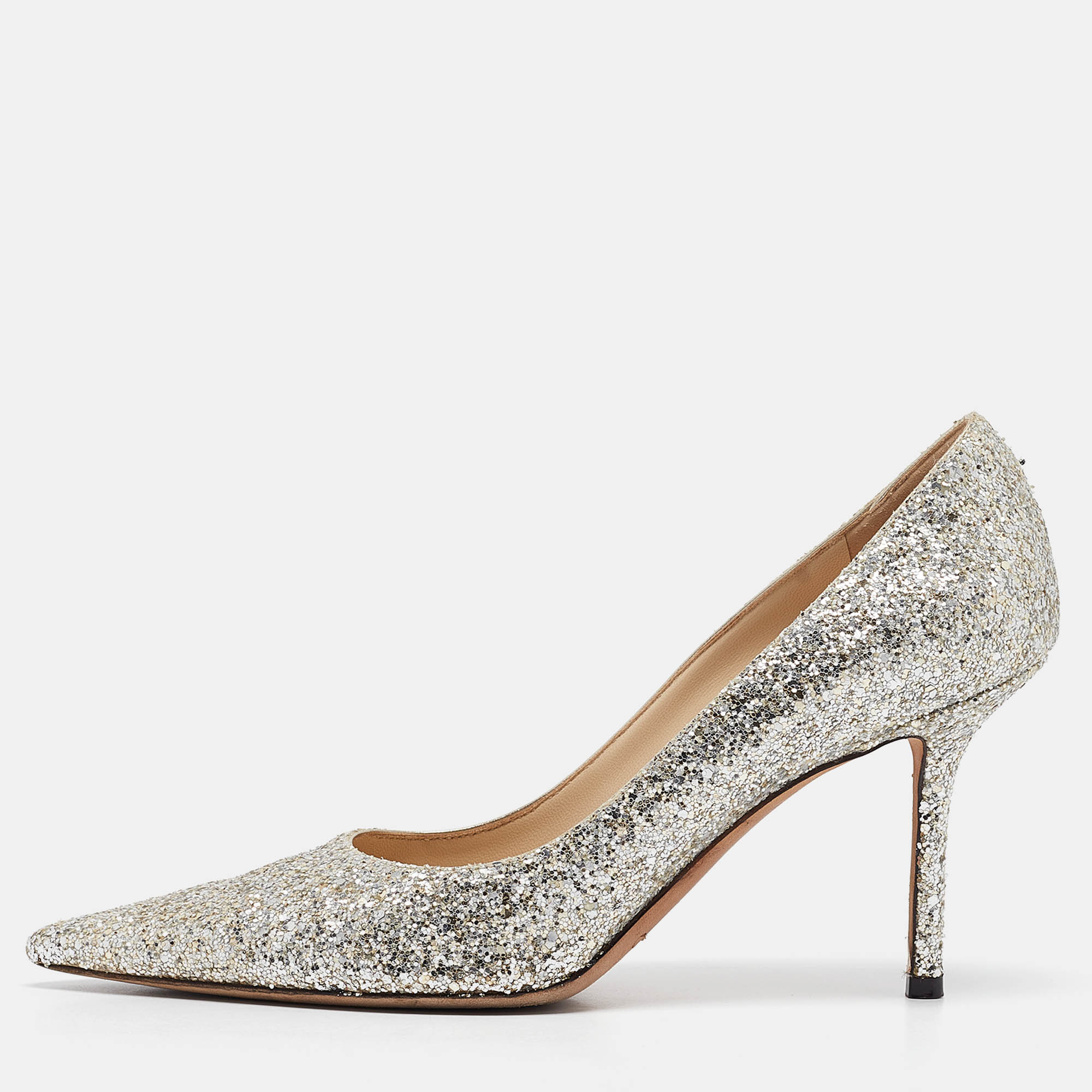 

Jimmy Choo Silver Glitter Romy Pumps Size