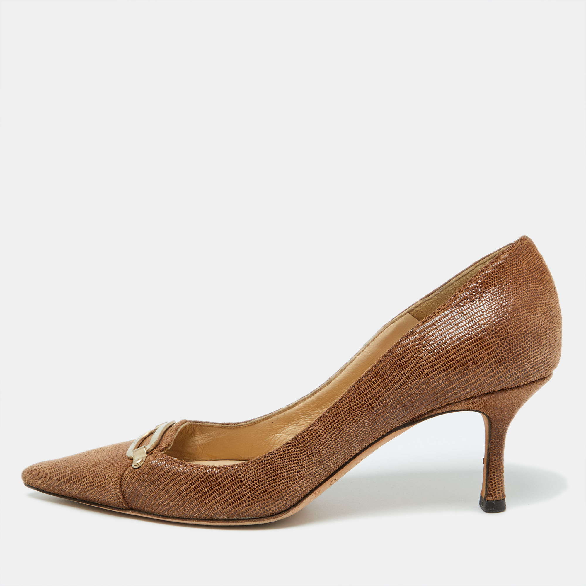 

Jimmy Choo Brown Lizard Embossed Suede Pointed Toe Pumps Size