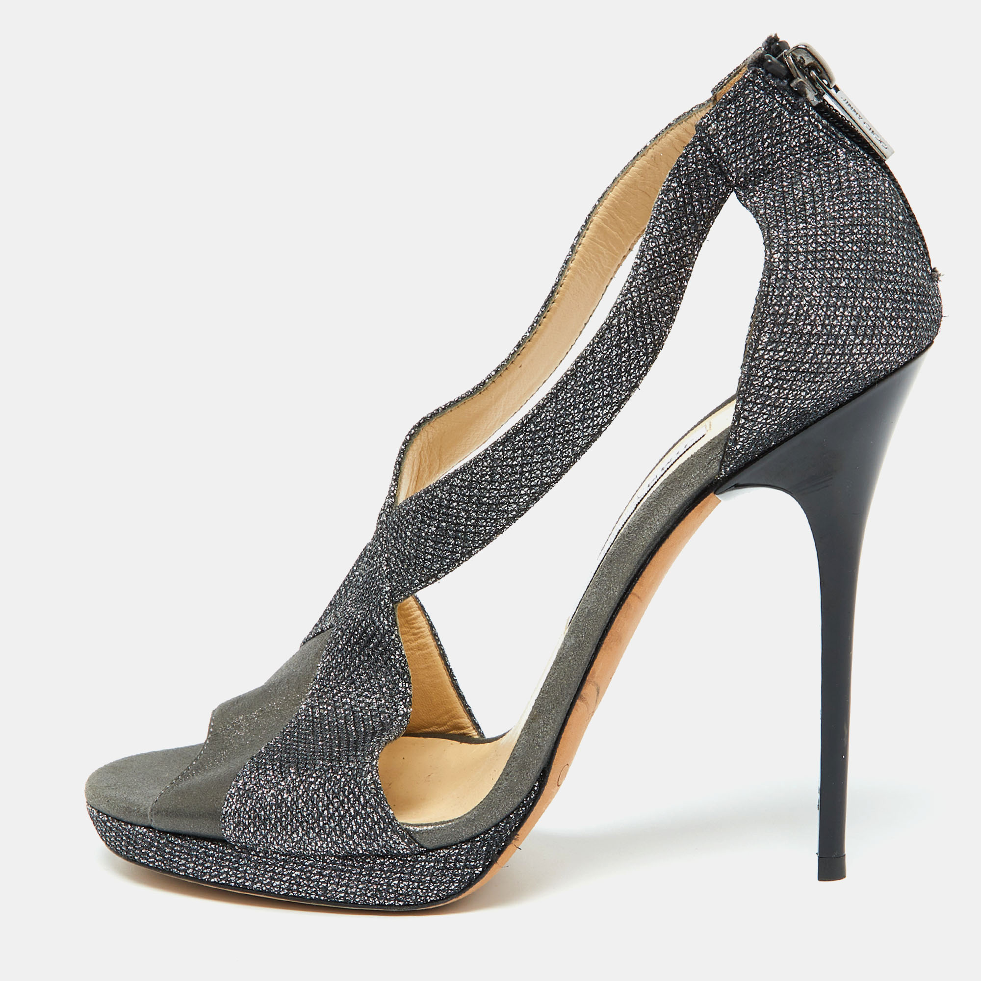 

Jimmy Choo Grey Leather and Coarse Glitter Open Toe Sandals Size