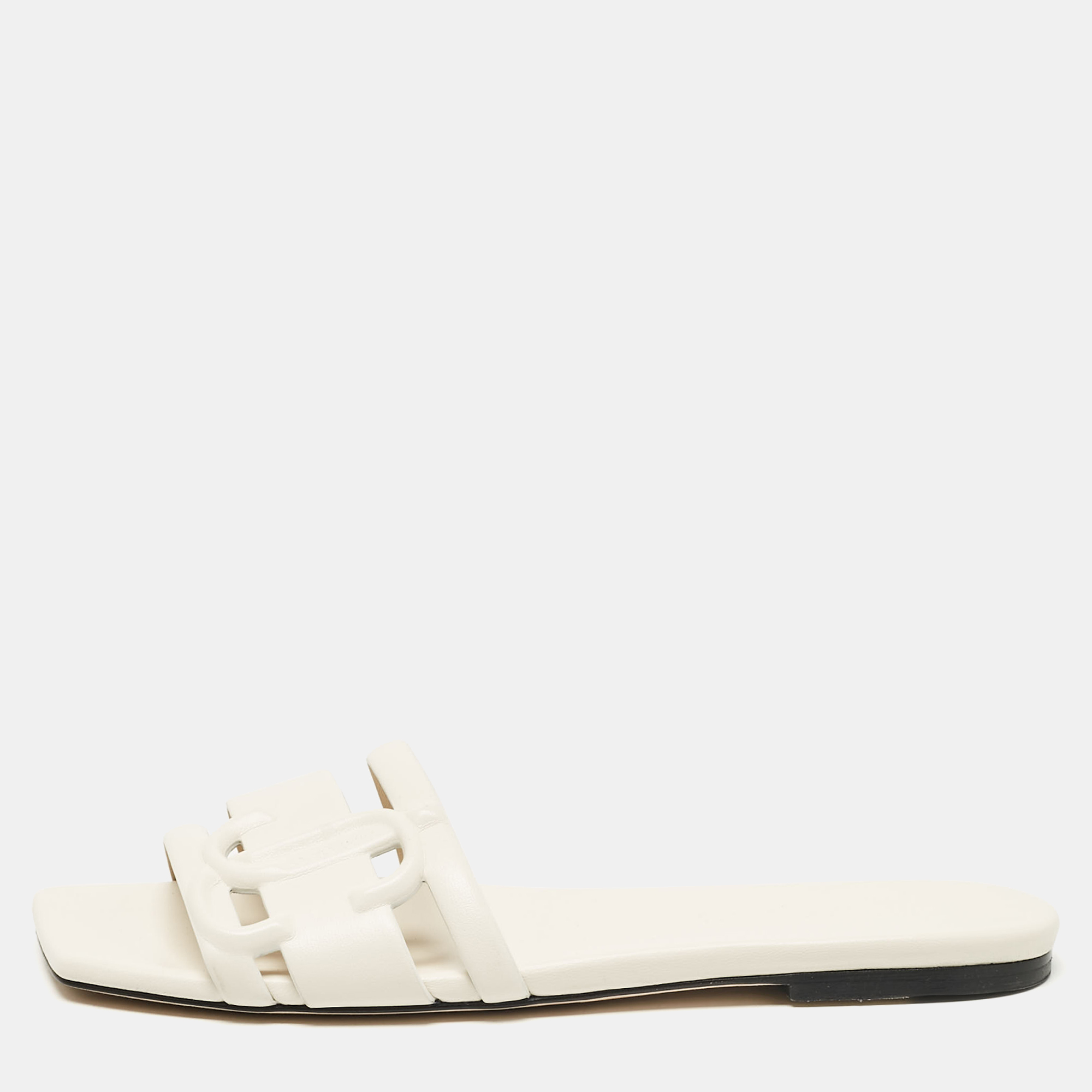 Pre-owned Jimmy Choo White Leather Laran Flat Slides Size 37