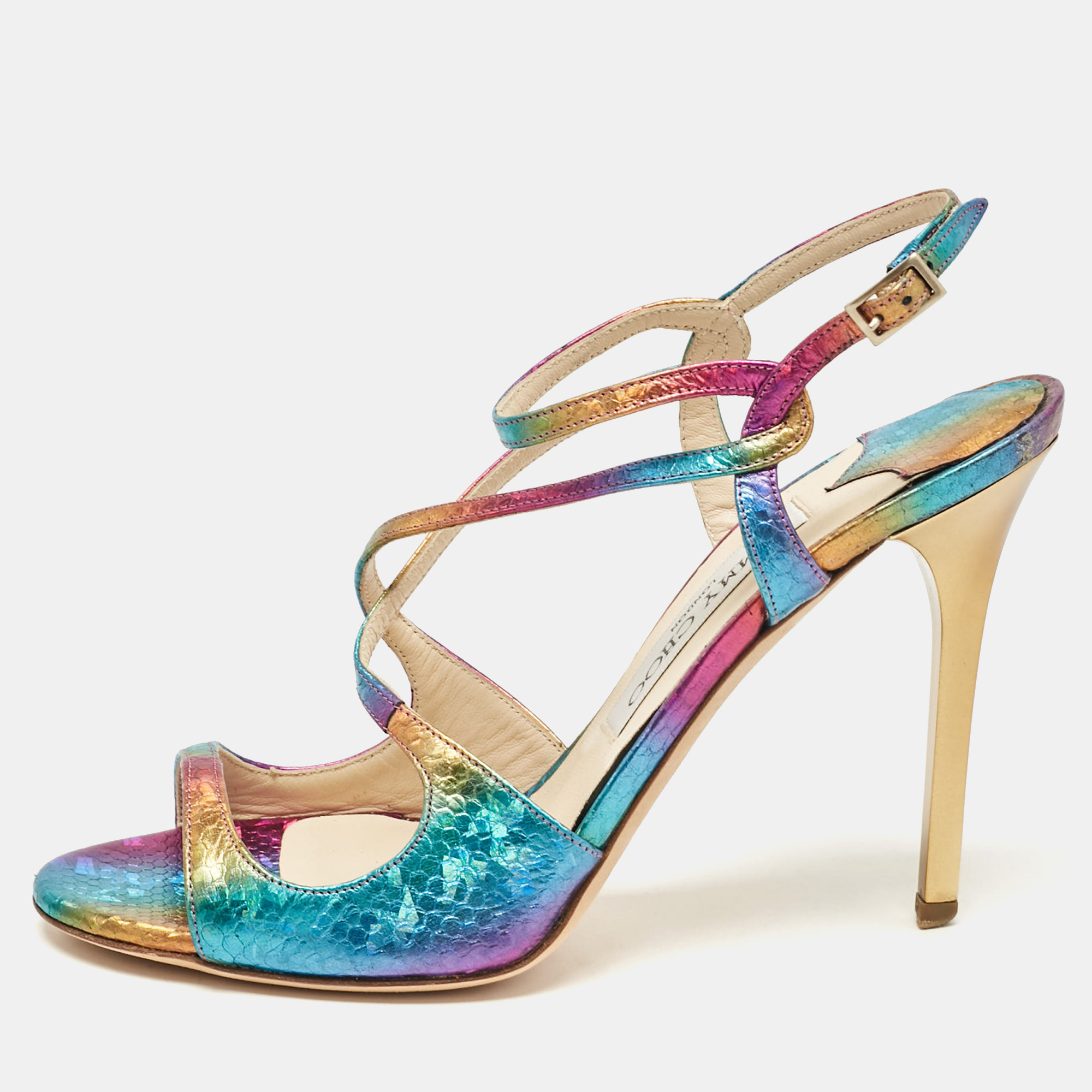 

Jimmy Choo Multicolor Embossed Snakeskin Paxton Sandals Size