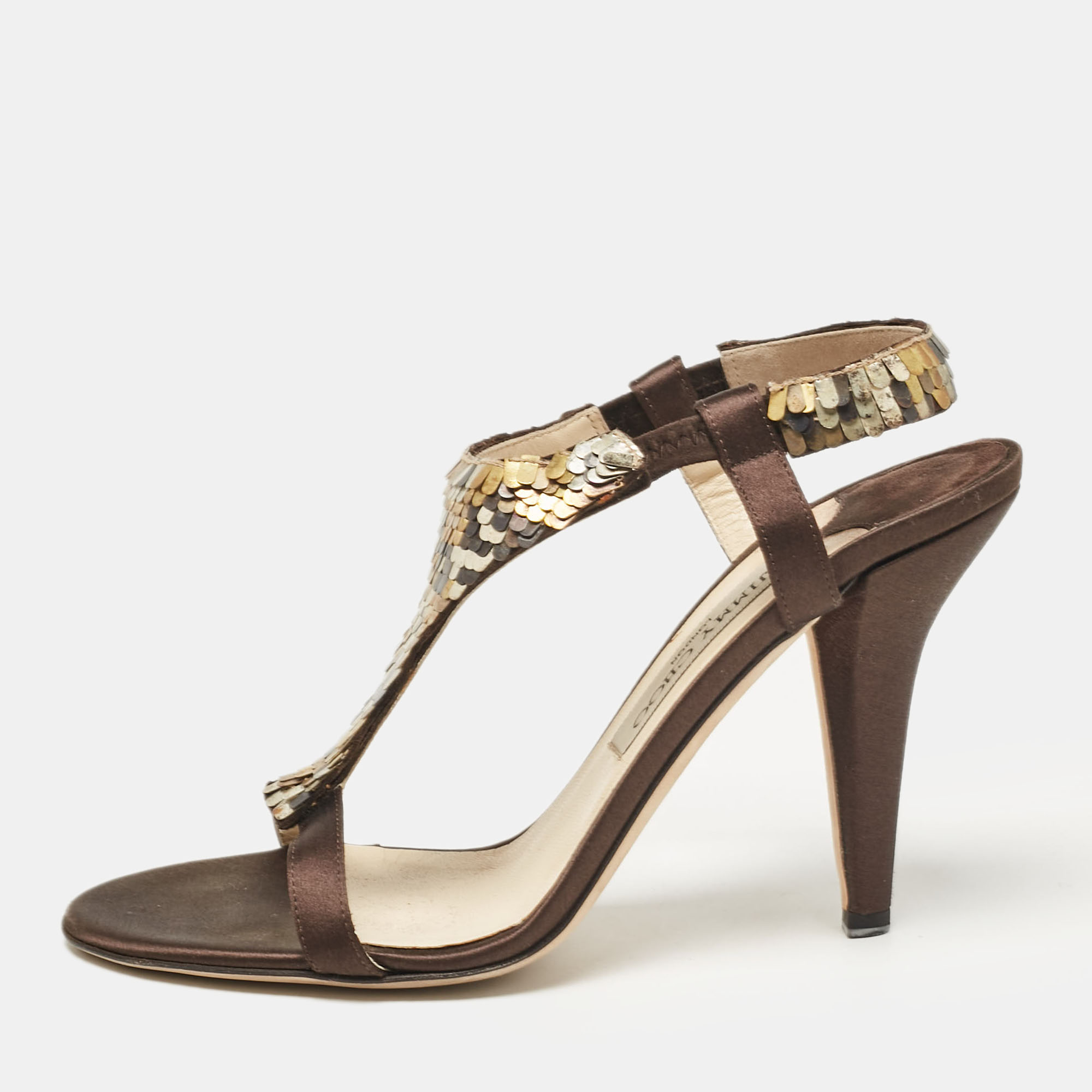 

Jimmy Choo Dark Brown/Beige Satin Sequins Embellished T-Strap Sandals Size