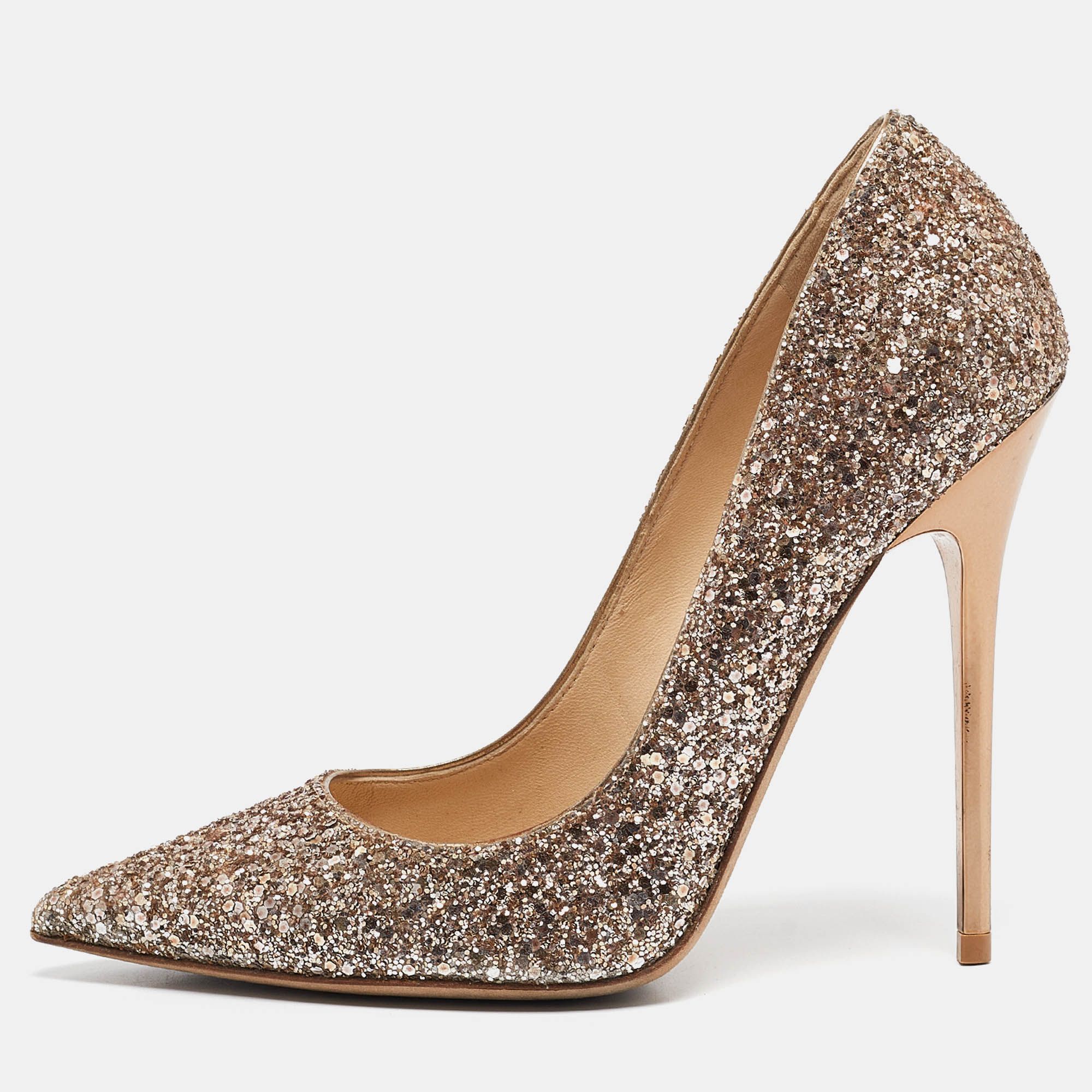 

Jimmy Choo Rose Gold Coarse Glitter Romy Pumps Size