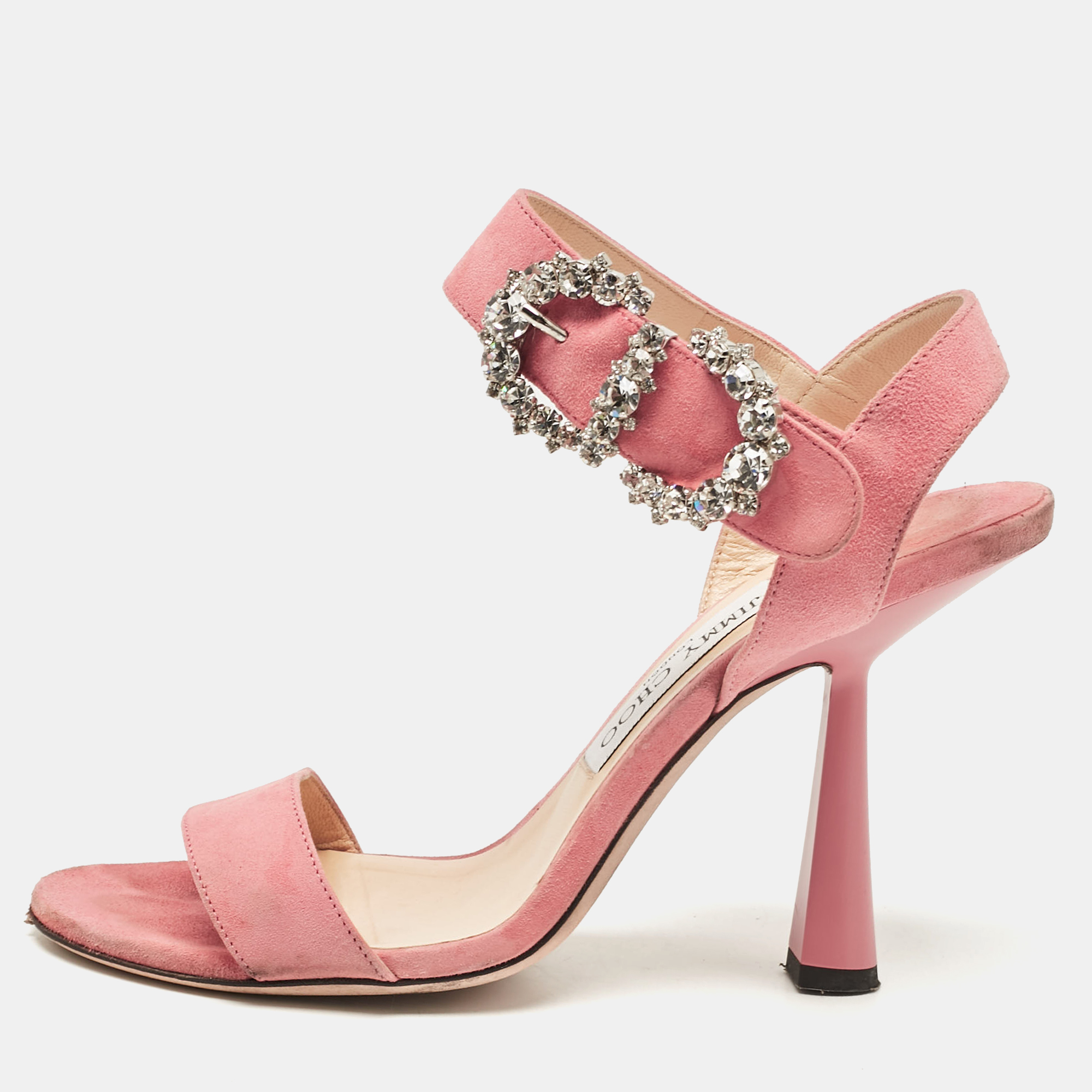 

Jimmy Choo Pink Suede Crystal Embellished Ankle Strap Sandals Size