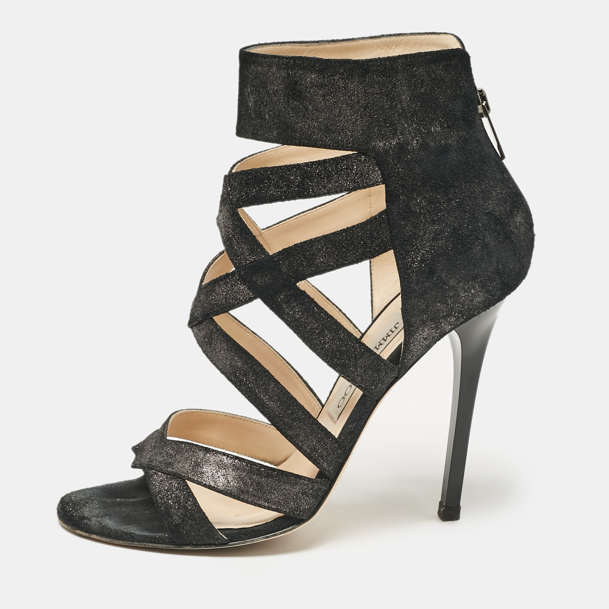 

Jimmy Choo Black Glitter Suede Strappy Sandals Size