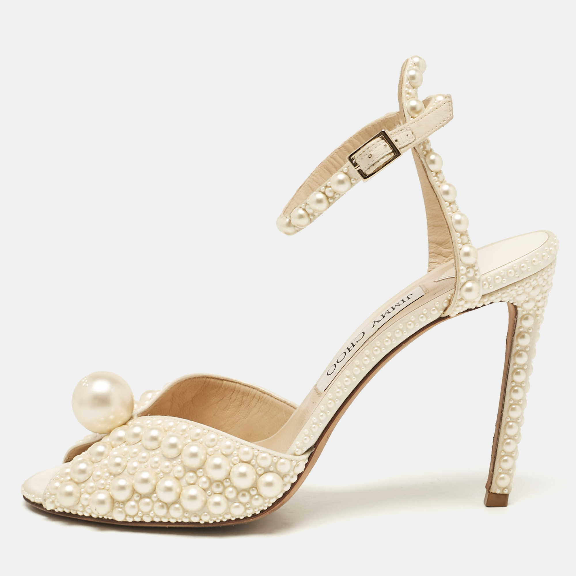 

Jimmy Choo White Satin Pearl Embellished Sacora Ankle Strap Sandals Size