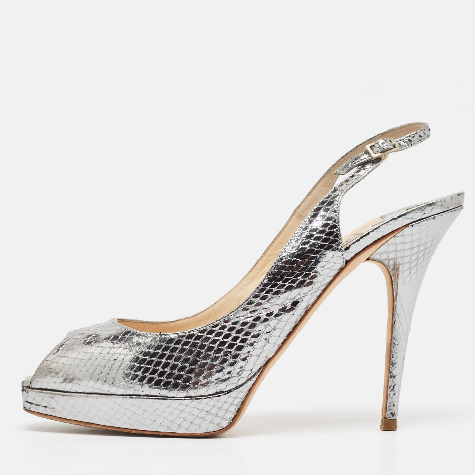 

Jimmy Choo Metallic Snakeskin Embossed Leather Platform Slingback Sandals Size