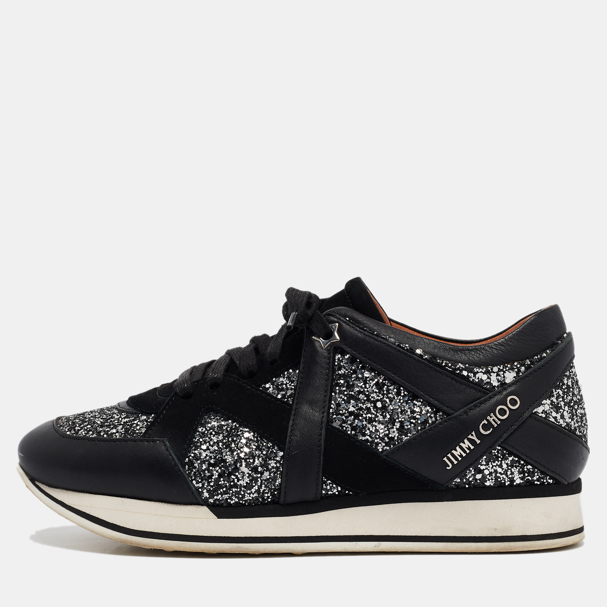 

Jimmy Choo Black Glitter and Suede Low Top Sneakers