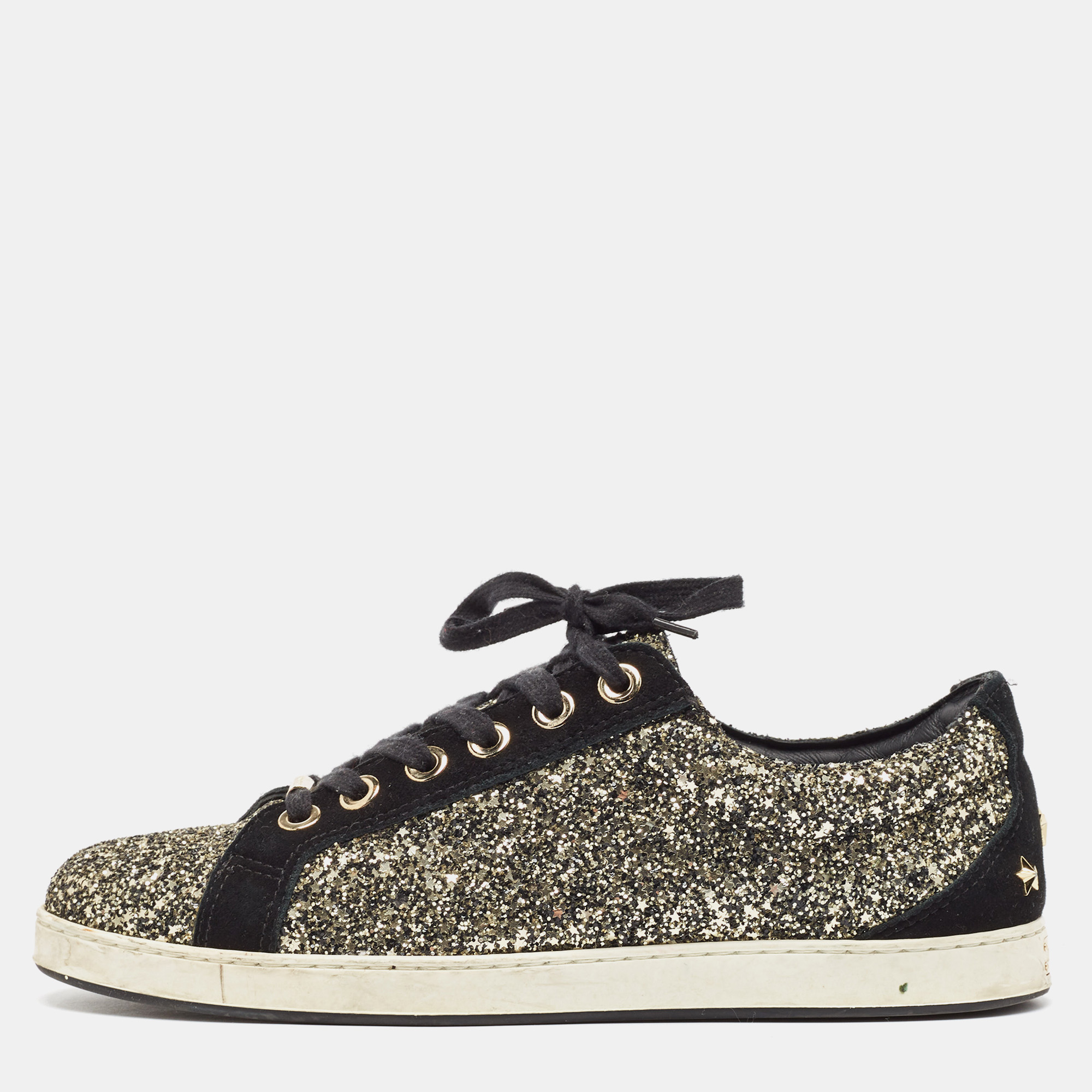 

Jimmy Choo Gold/Black Glitter and Suede Lace Up Sneakers