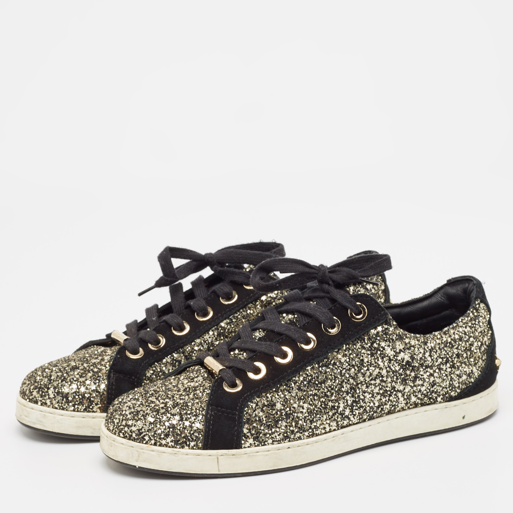 Jimmy Choo Gold/Black Glitter and Suede Lace Up Sneakers 41 