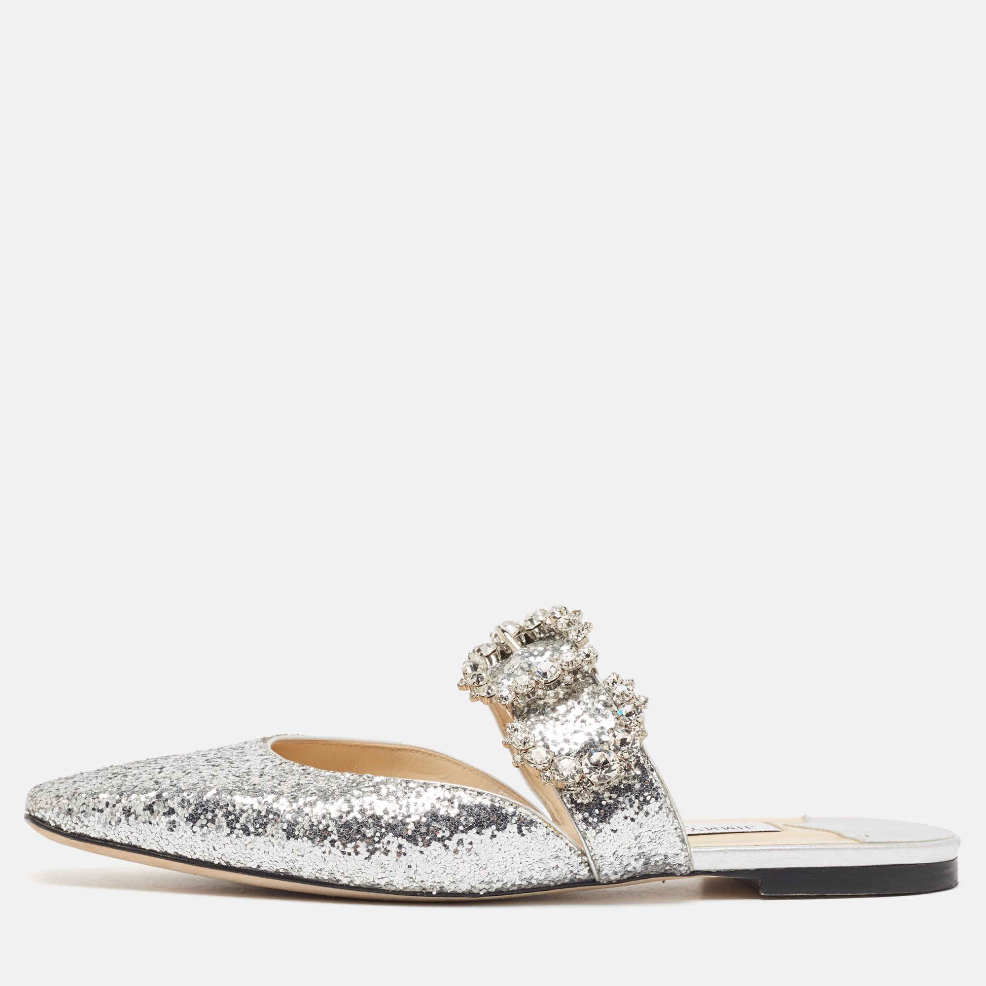 

Jimmy Choo Silver Glitter Crystal Embellished Flat Mules Size