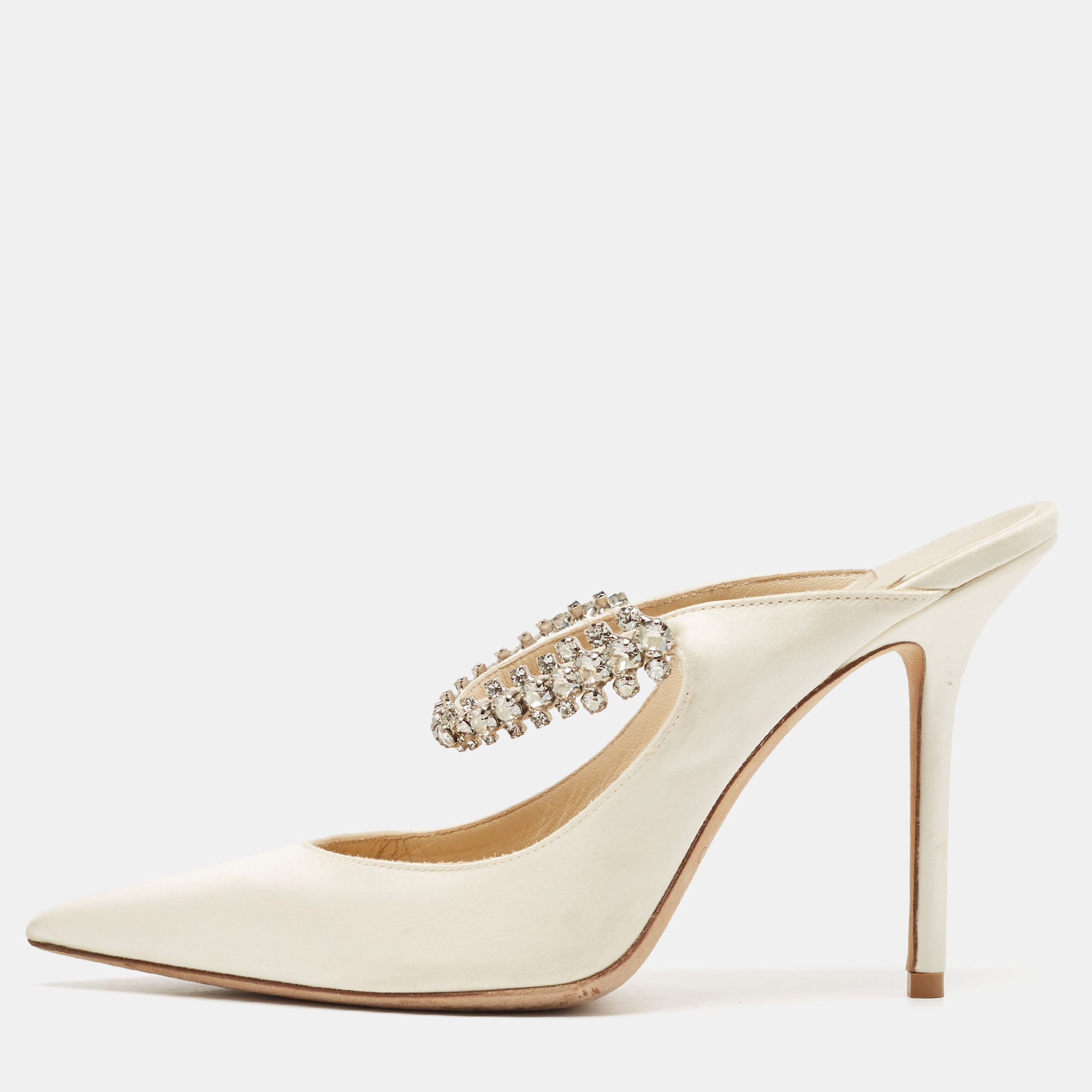 

Jimmy Choo Off-White Satin Crystal Embellished Bing Mules Size