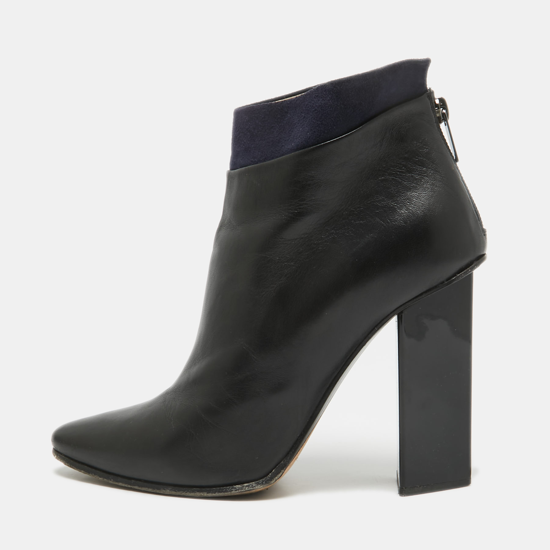 

Jimmy Choo Black/Navy Blue Leather and Suede Ankle Length Boots Size