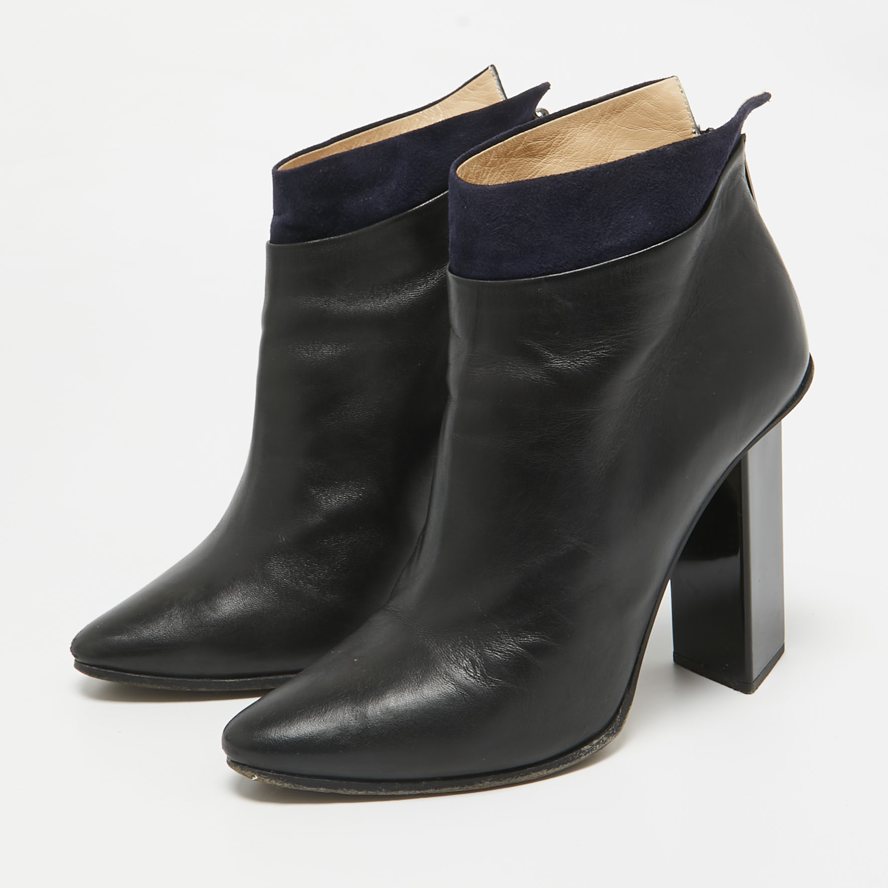 Jimmy Choo Black/Navy Blue  Leather and Suede Ankle Length Boots Size 38.5 