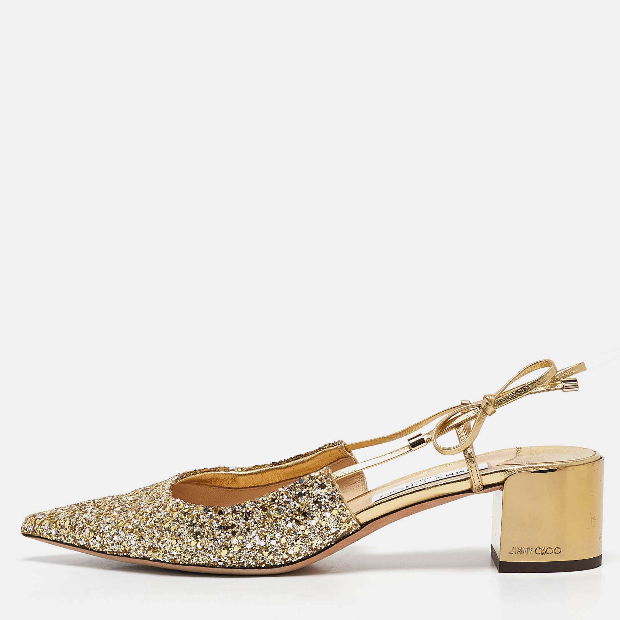 

Jimmy Choo Gold Glitter Gemista Mules Size