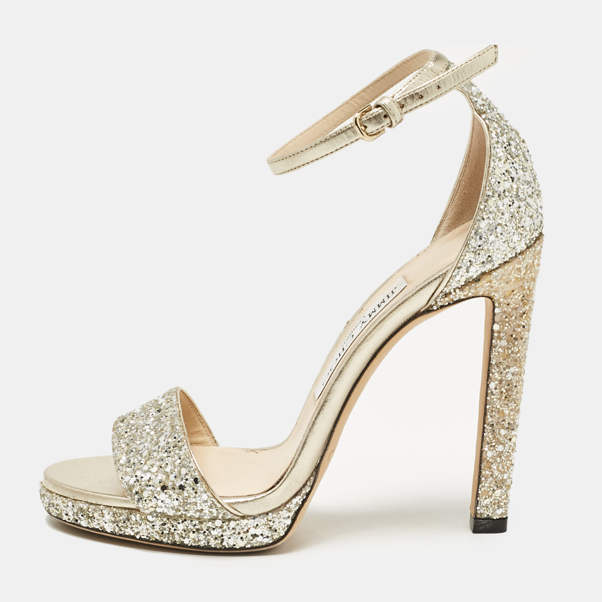 

Jimmy Choo Gold/Silver Glitter and Leather Misty Ankle Strap Sandals Size