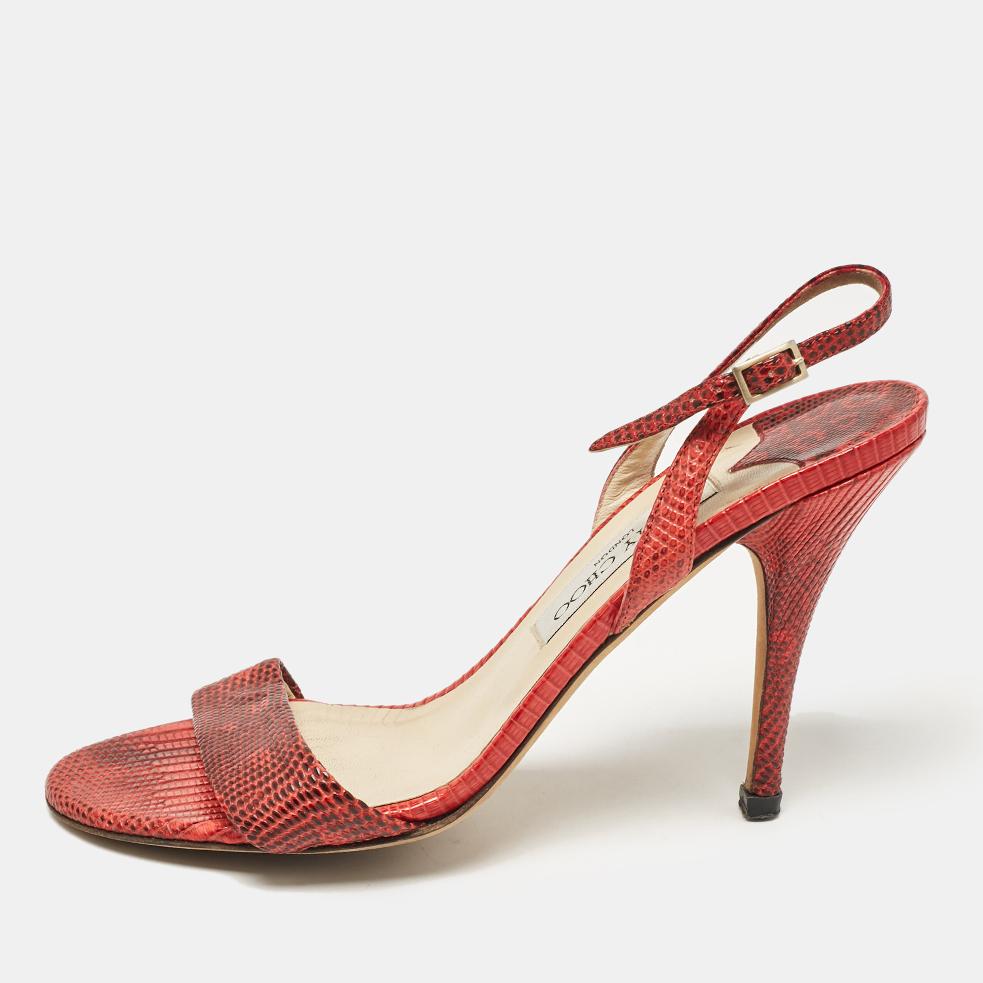 

Jimmy Choo Red Embossed Lizard Slingback Sandals Size