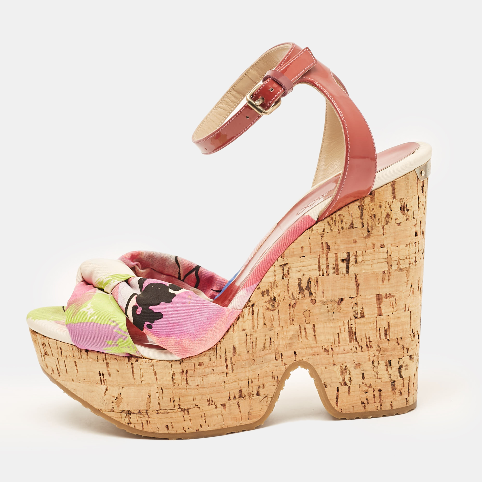 

Jimmy Choo Red Patent Leather and Gleam Printed Fabric Cork Wedge Sandals Size