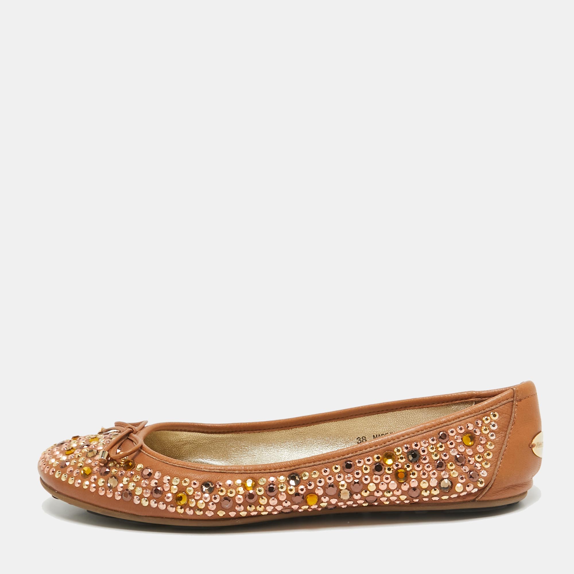 

Jimmy Choo Brown Leather Crystal Embellished Ballet Flats Size