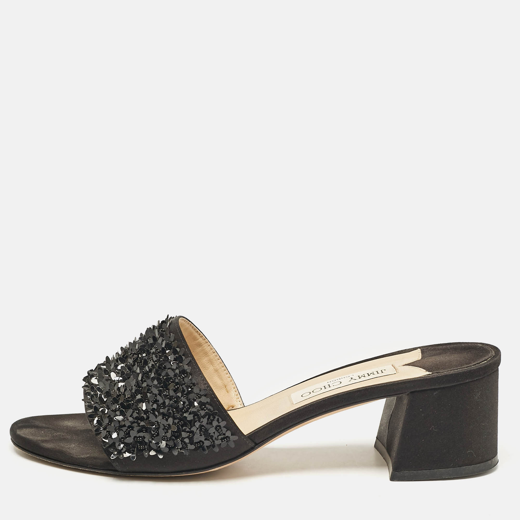 

Jimmy Choo Black Satin Embellishment Slide Sandals Size