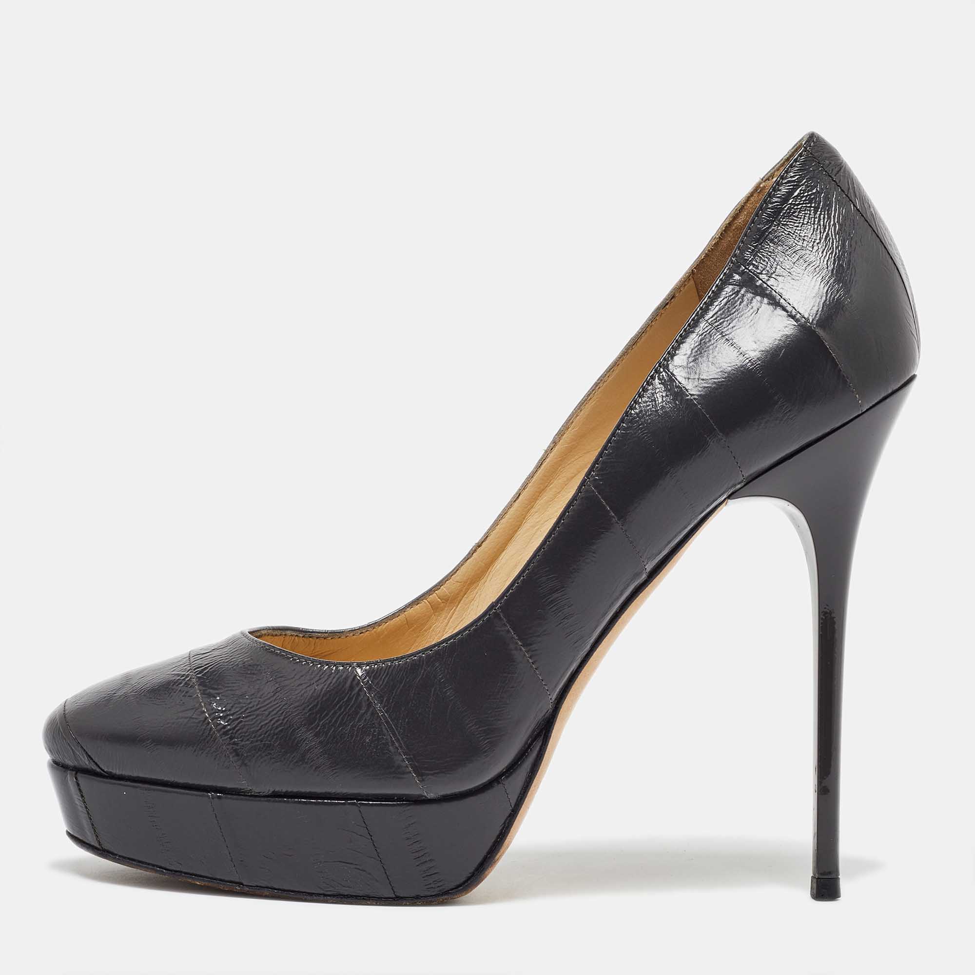 

Jimmy Choo Grey Eel Leather Cosmic Platform Pumps Size