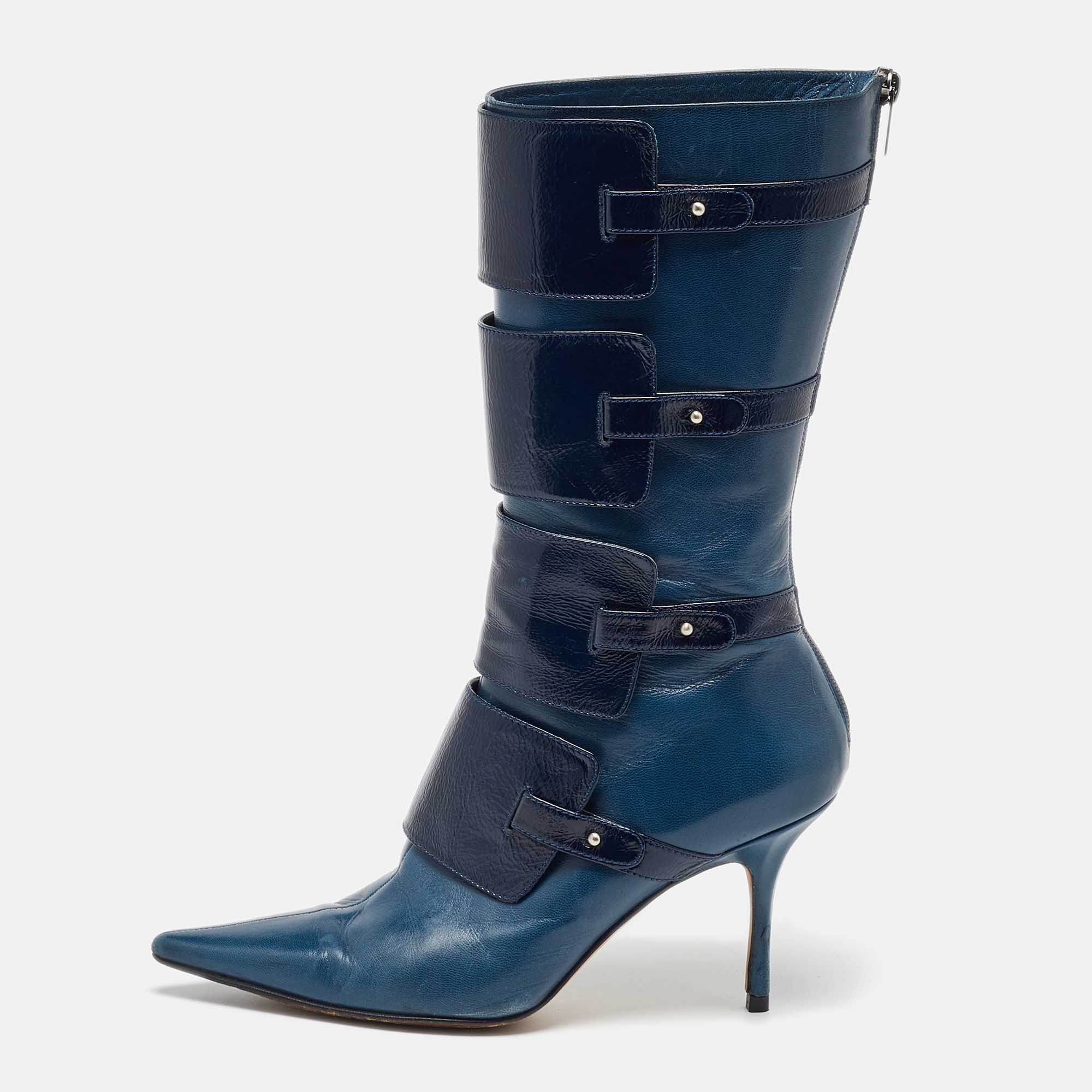 

Jimmy Choo Navy Blue Leather Pointed Toe Calf length Boots Size