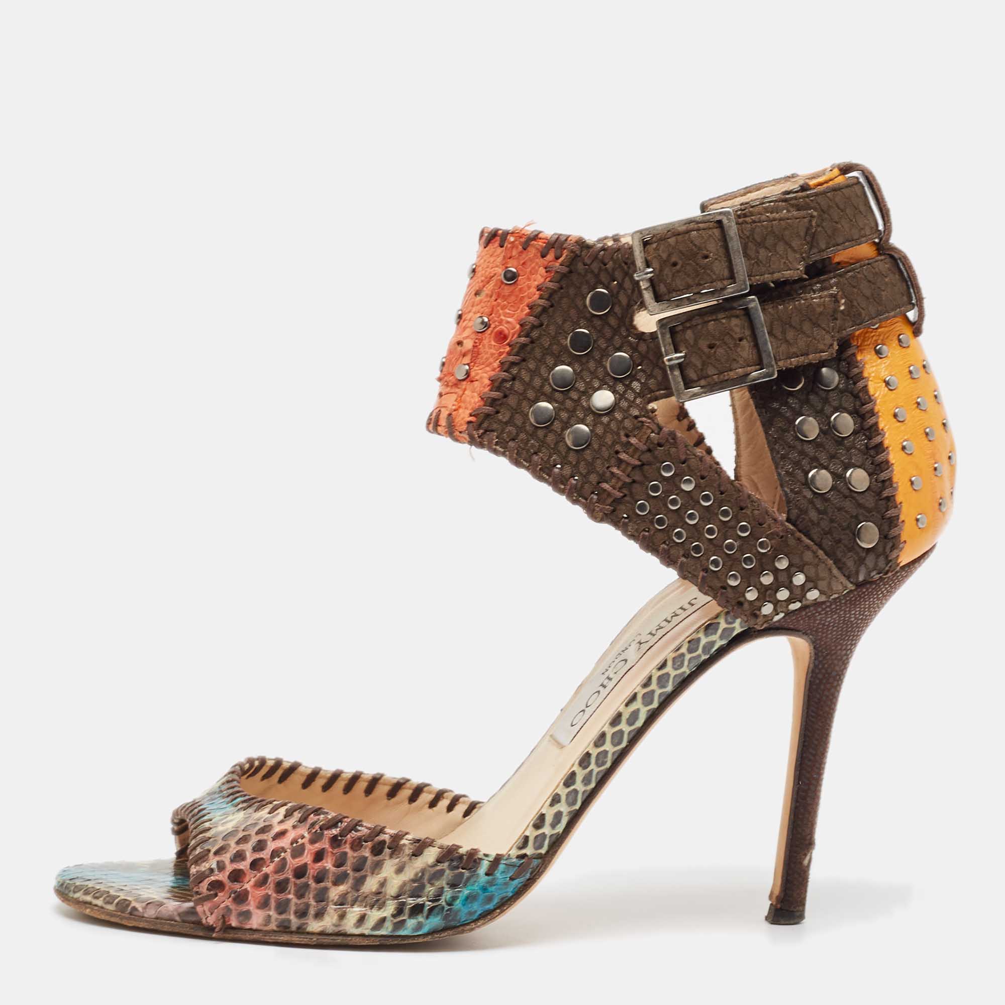 

Jimmy Choo Multicolor Python Leather Ankle Strap Sandals Size