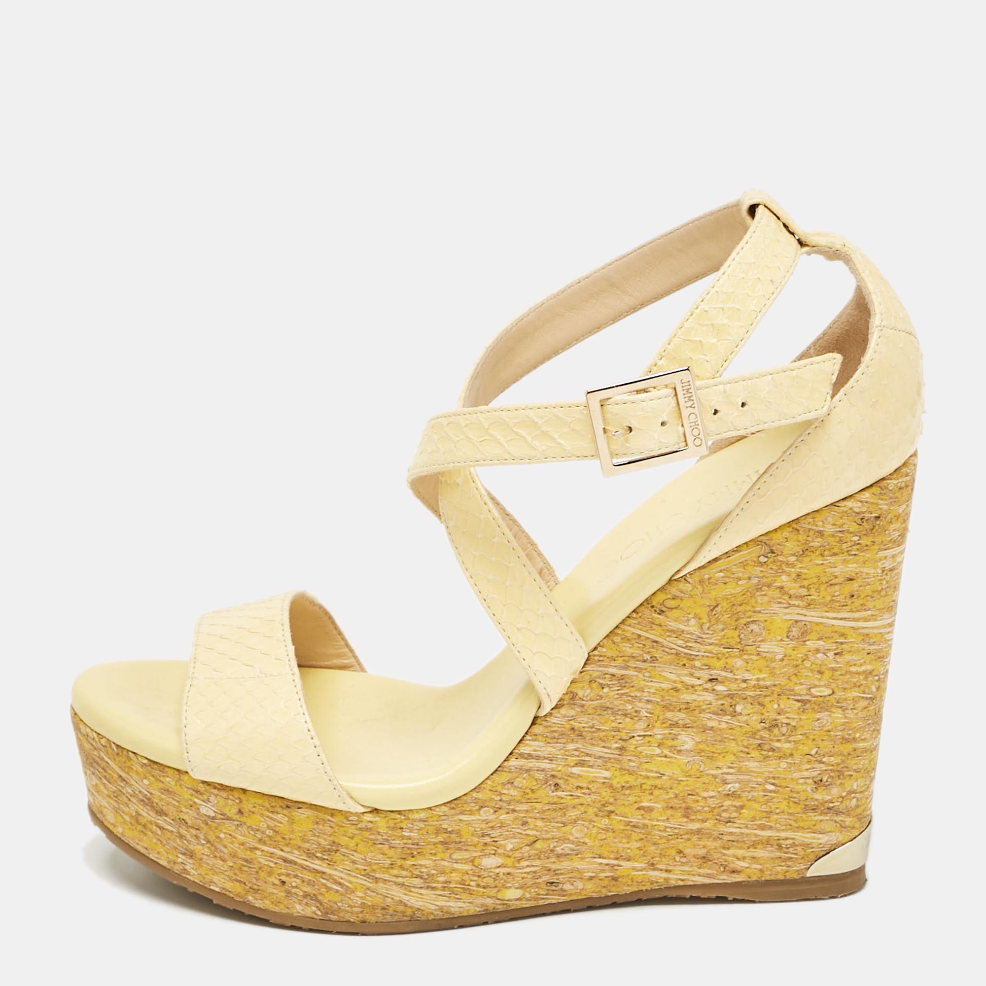 

Jimmy Choo Yellow Snakeskin Leather Platform Wedge Sandals Size