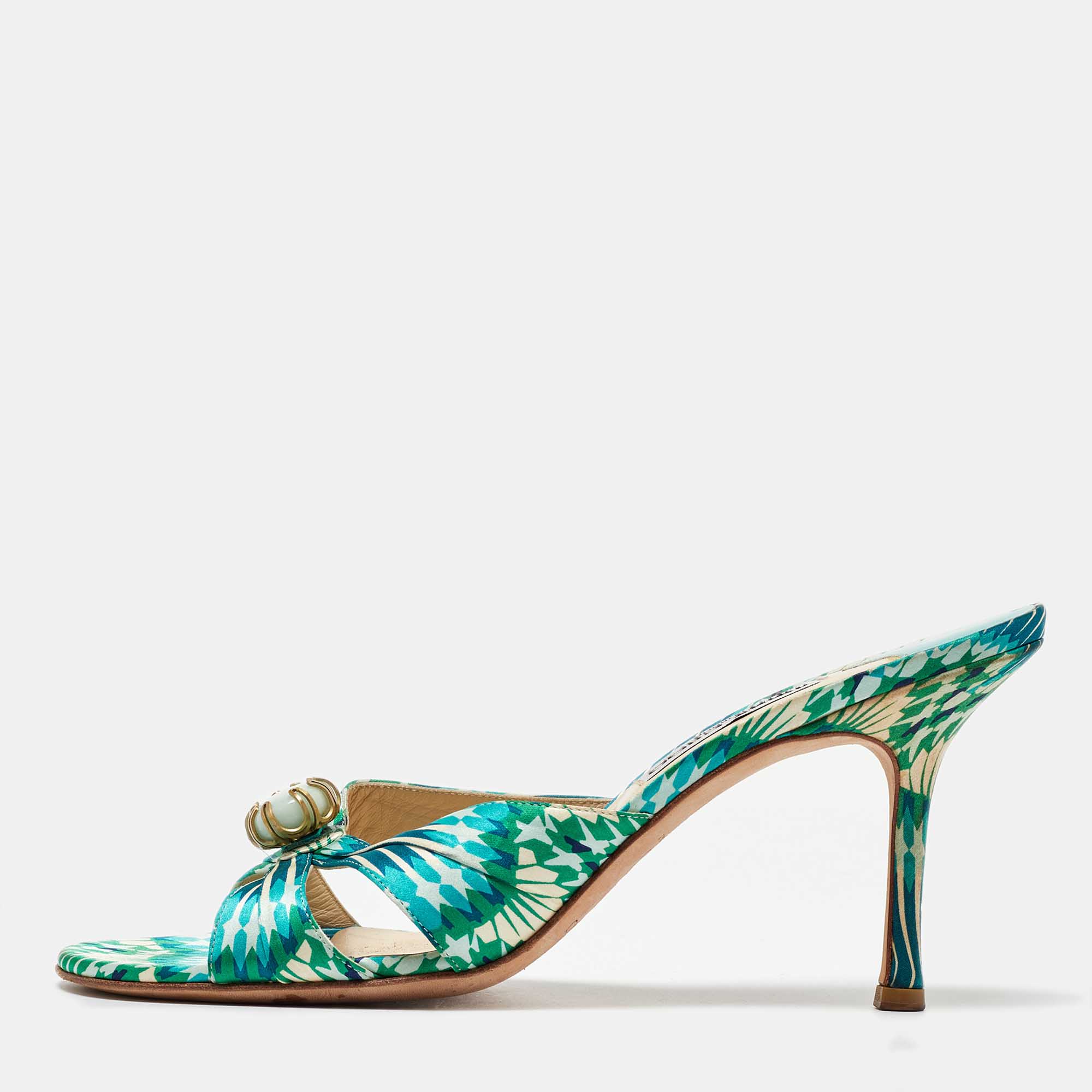 

Jimmy Choo Blue/Green Satin Malachite Jewel Slide Sandals Size