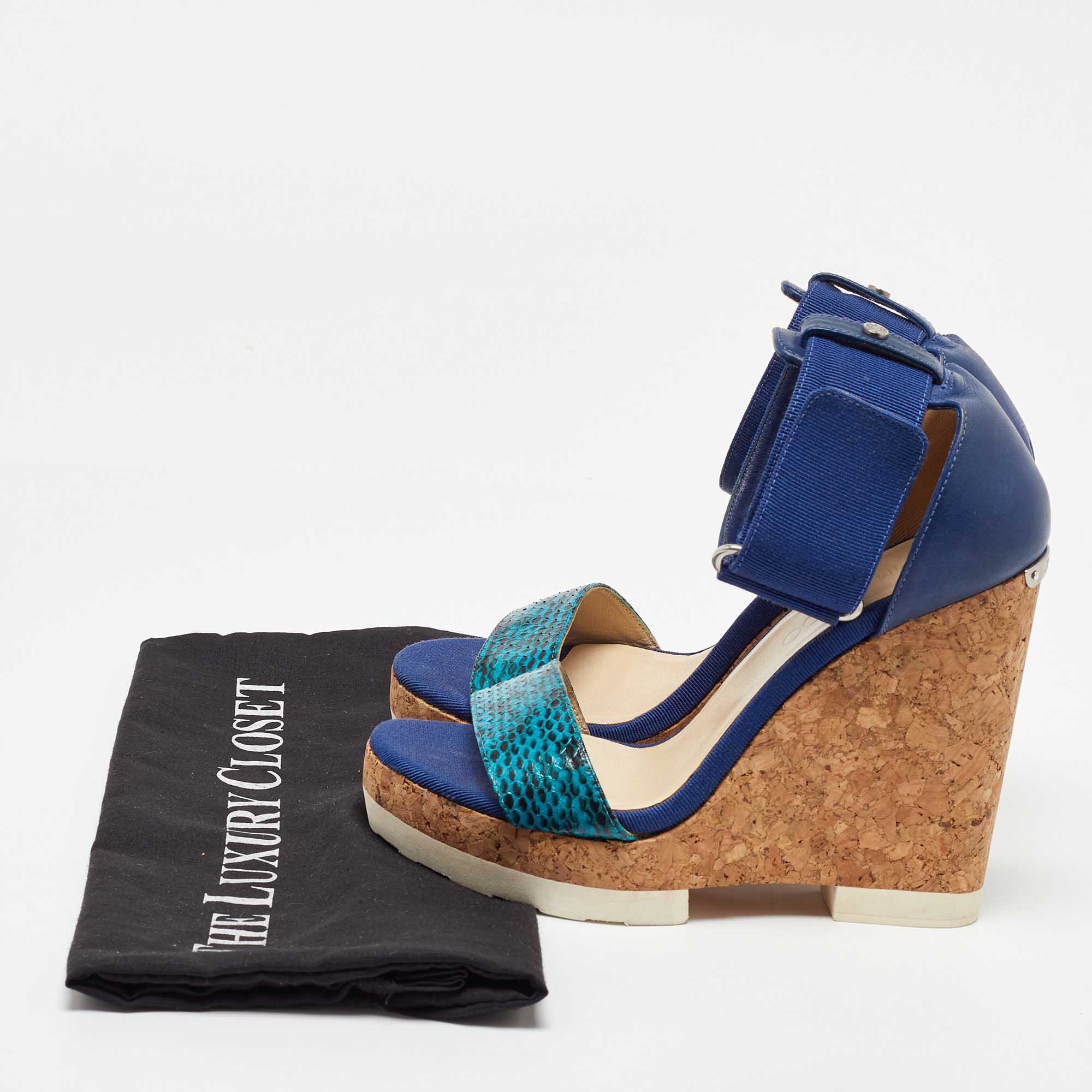 Jimmy Choo Blue Python and Leather Neston Cork Platform Wedge Sandals Size 38 