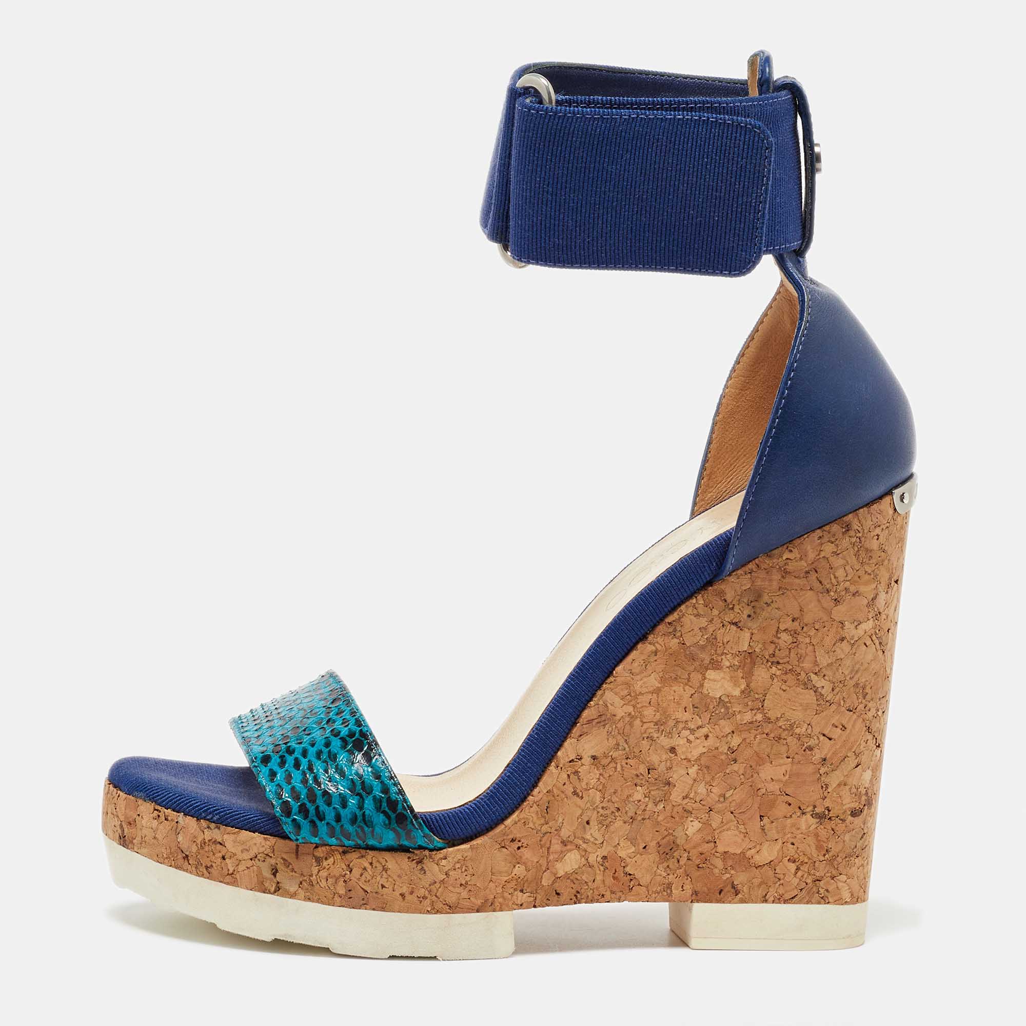 

Jimmy Choo Blue Python and Leather Neston Cork Platform Wedge Sandals Size