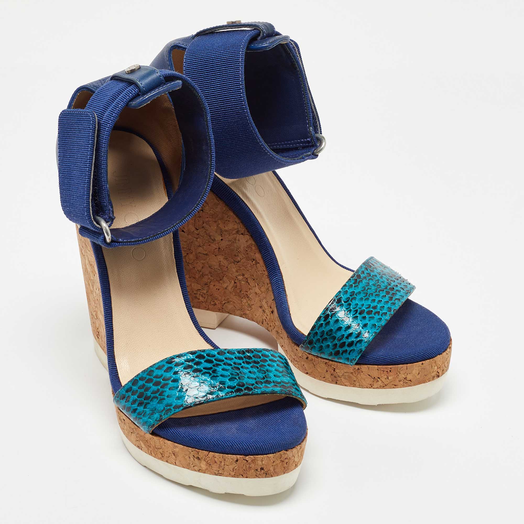 Jimmy Choo Blue Python and Leather Neston Cork Platform Wedge Sandals Size 38 