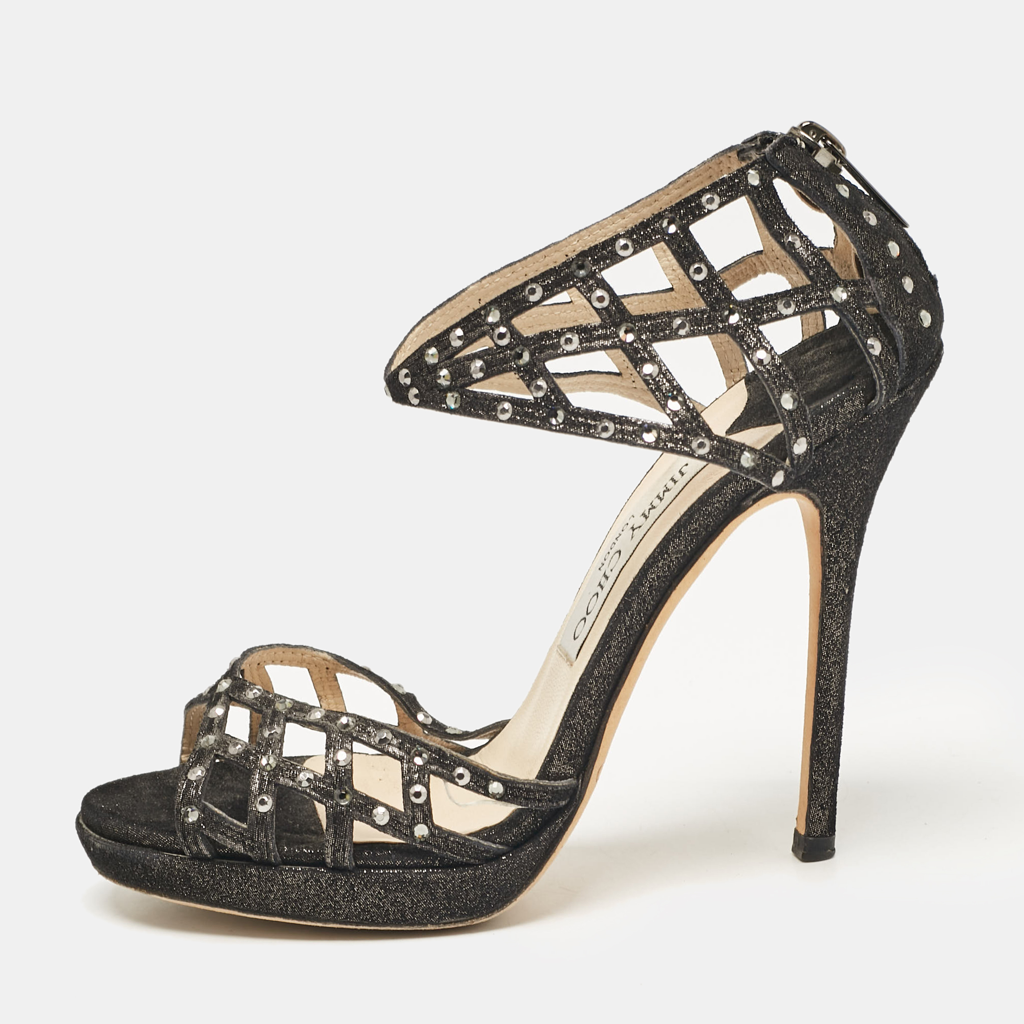 

Jimmy Choo Black Suede Crystal Embellished Cut Out Strappy Sandals Size