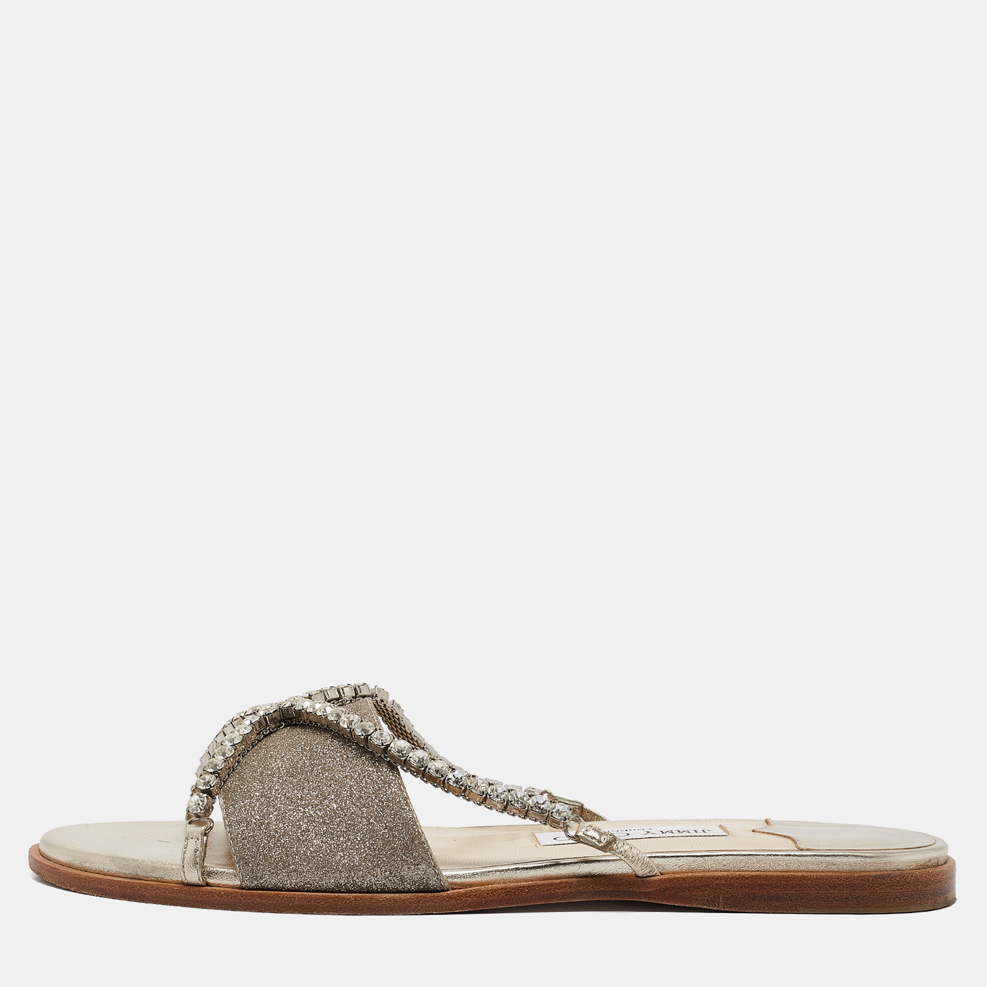 

Jimmy Choo Metallic Glitter Crystal Embellished Aadi Slides Size